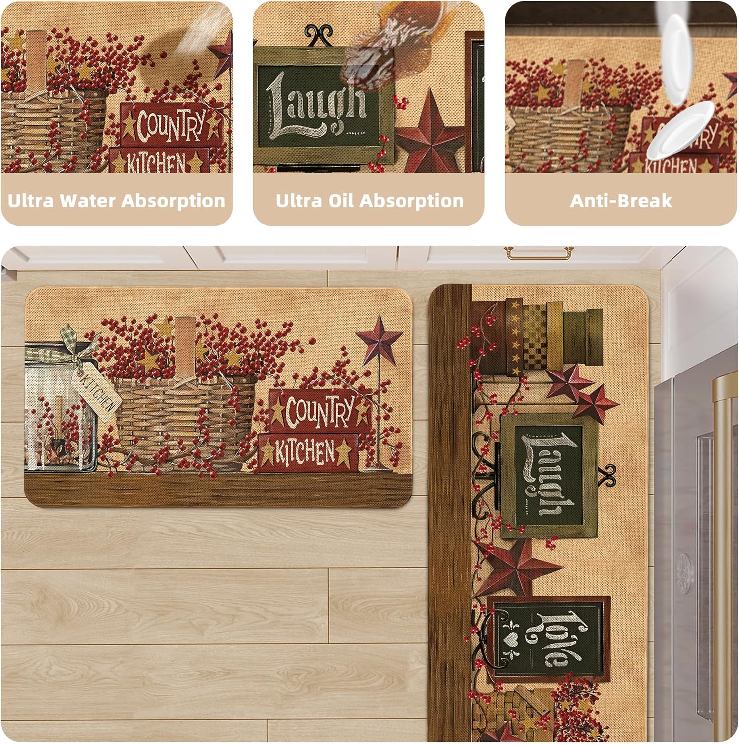 Farmhouse Western Kitchen Rugs and Mats Set of 2 Country Star Vintage Non Slip Washable Floor Mat Kitchen Decor 17x47 inch and 17x29 inch