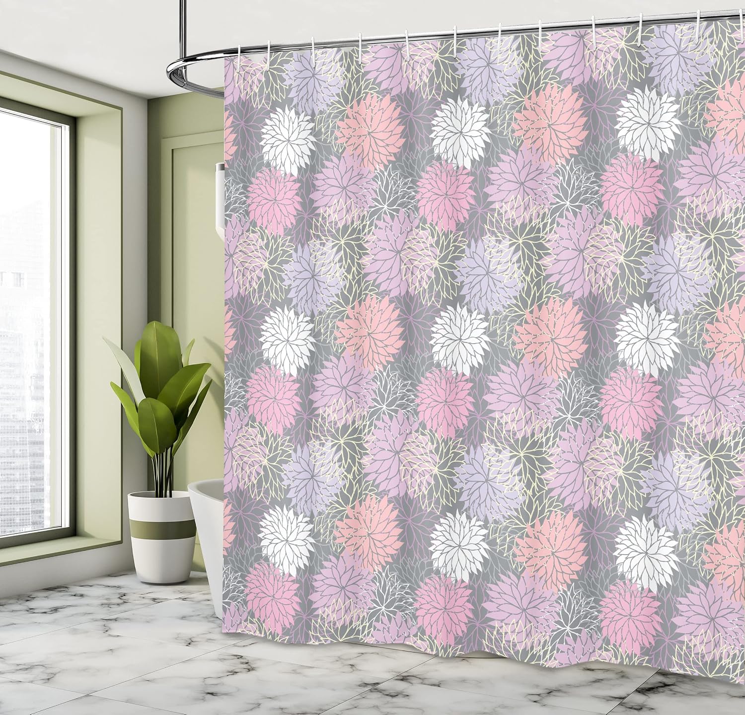 Ambesonne Pink and Grey Shower Curtain, Blossom Bouquet Botanical Foliage Shabby Form Essence Chrysanthemum, Cloth Fabric Bathroom Decor Set with Hooks, 69" W x 70" L, Blush Lilac Grey