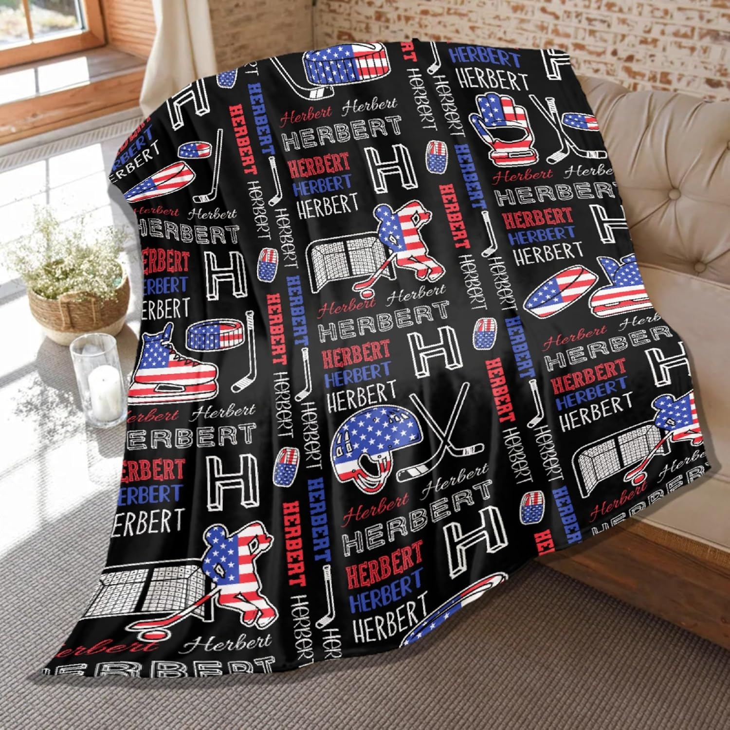 Personalized Hockey Blanket, Custom Ice Hockey Themed Gifts