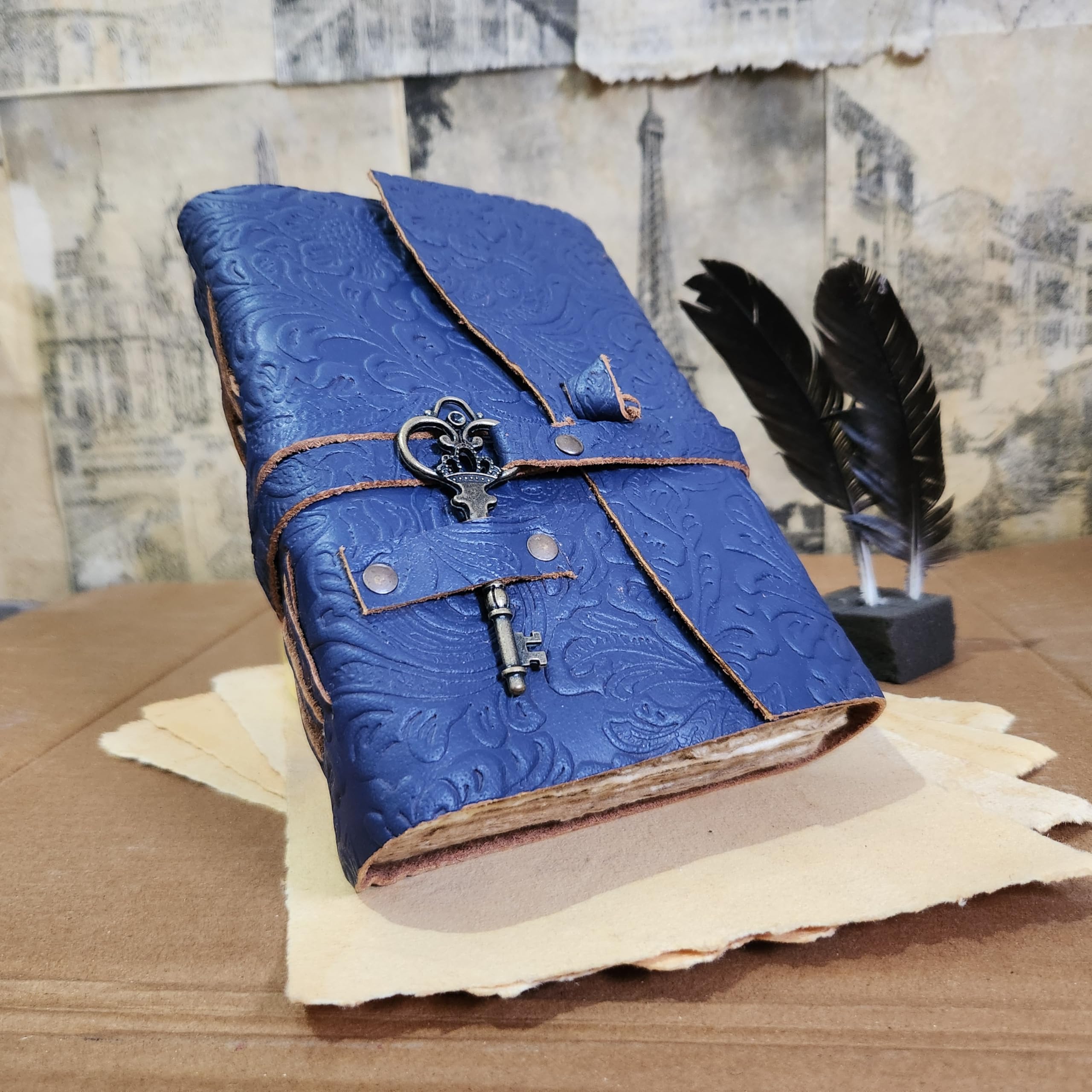 Finun-Lthr Vintage Key 8x6 Inch Leather Journal Sketchbook Notebook Guestbook Travel Journal for Women and Men 200 Vintage Deckle Page (Blue) - Image 4