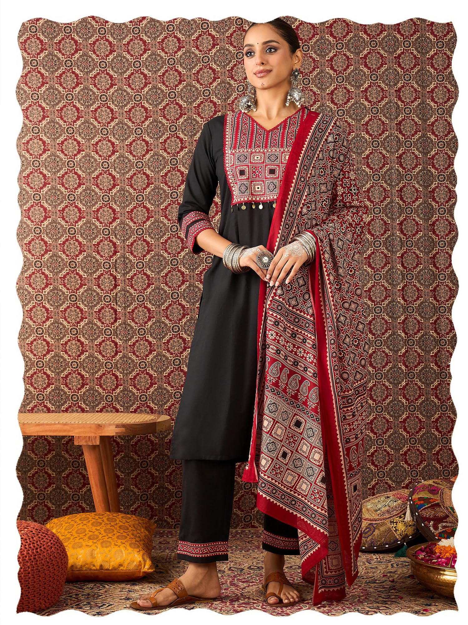indo era Women's Pure Cotton Ajrakh Pritned Straight Calf Length Kurta with Pant & Dupatta Set (IESTR11033)-picture-14