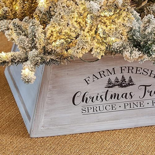 Vista 7 de Glitzhome Collar de árbol de madera blanca lavada de 26 pulgadas de largo, cubierta de soporte para árbol de Navidad rústico