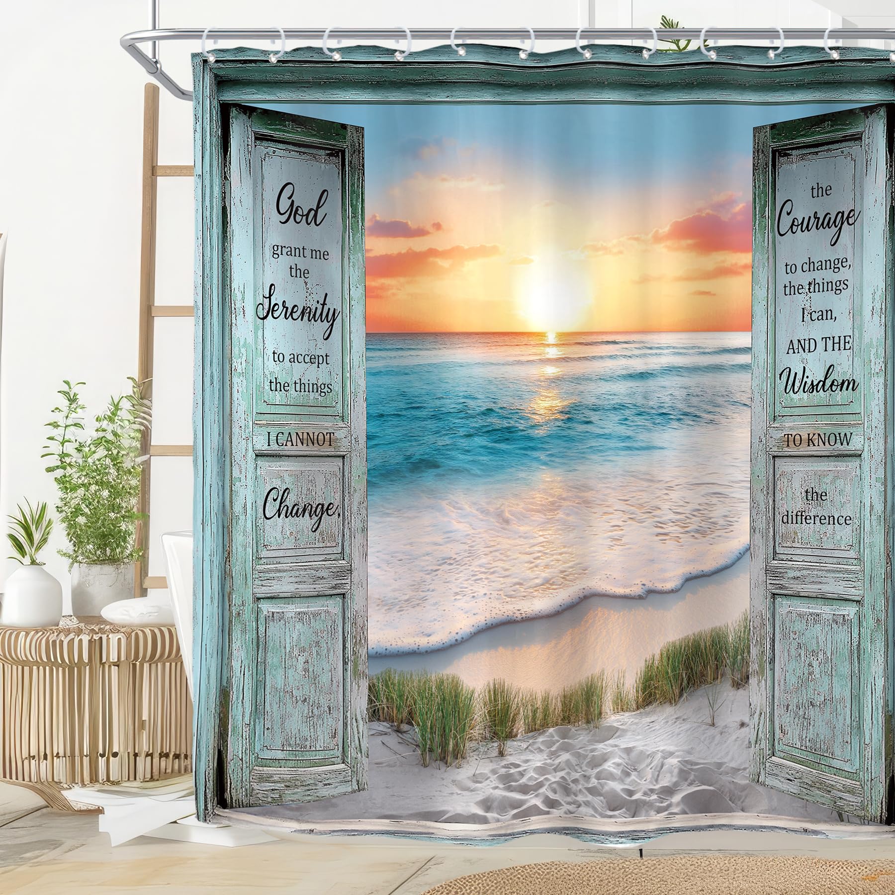 Riyidecor Inspirational Quote Shower Curtain for Bathroom Decor 72Wx72H Ocean Beach Teal Barn Door Hawaiian Sunset Scenery Sea Wave Rustic Art Printed Fabric Polyester Waterproof 12 Pack Plastic Hooks — image 1