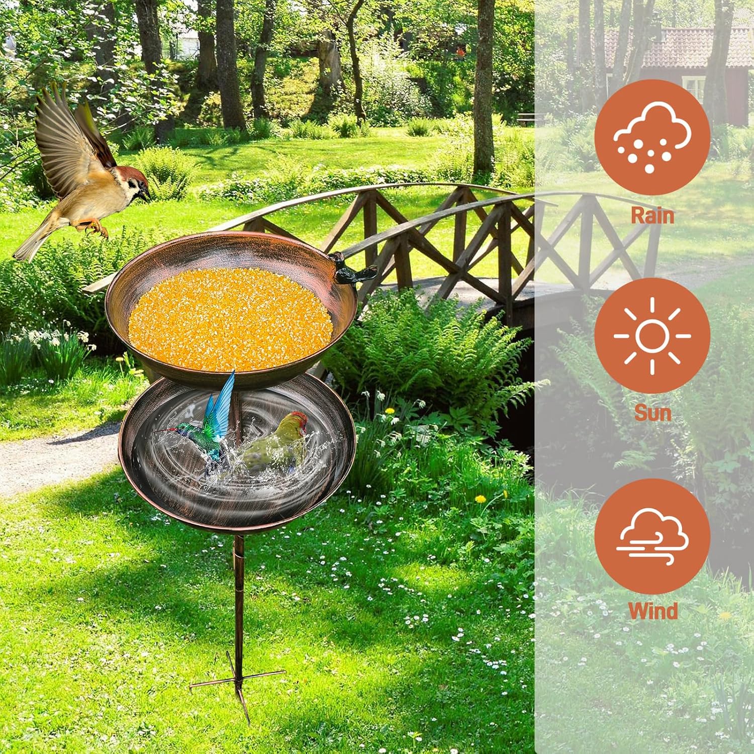 Double Standing Bird Feeder and Bird Bath 47 Inch, Antique Large Birdbath for Outside, Metal Hummingbird Water Feeder Bowl, Tall Sturdy Pedestal Stake for Outdoor Yard Garden Lawn