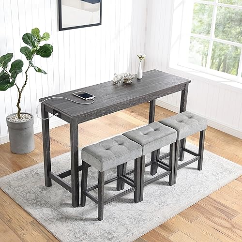 Miniatura 11 de Merax - Juego de mesa de bar de 4 piezas con toma de corriente, juego de mesa de desayuno industrial y sillas con 3 taburetes acolchados, para sala