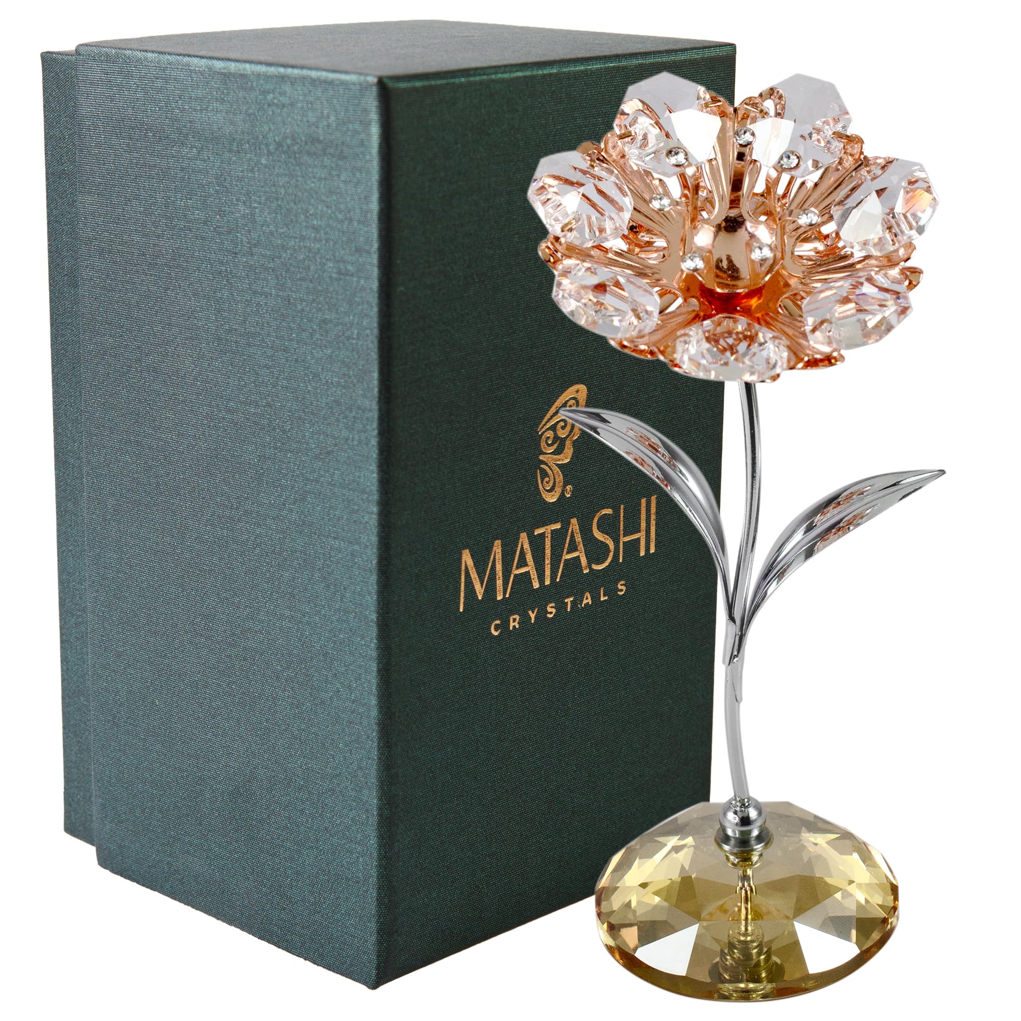 Matashi Sunflower Figurine Chrome and Rose Plated Crystal Studded Sunflower Figurine Table-Top Ornament with Gold Crystal Base