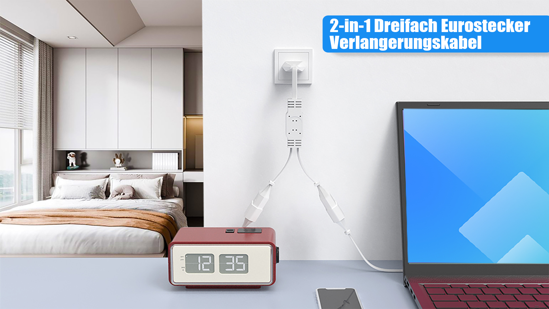 GOMETY Verlängerungskabel 2er-Set – Flachdesign Typ-C Eurostecker Auf Doppelbuchse, 2,2 M, 250V/2.5A, Für TV & PC