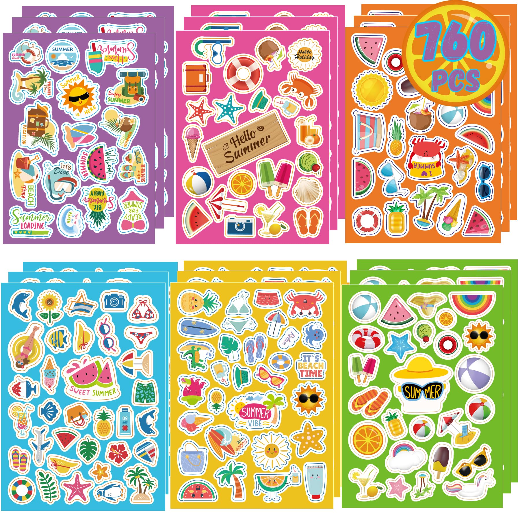 Summer Stickers for Kids 760PCS Hawaiian Stickers Vacation Stickers 3D Beach Sticker Ice Cream/Coconut Tree Sticker for Scrapbooking Envelopes Cards Pool/Summer Party Favors