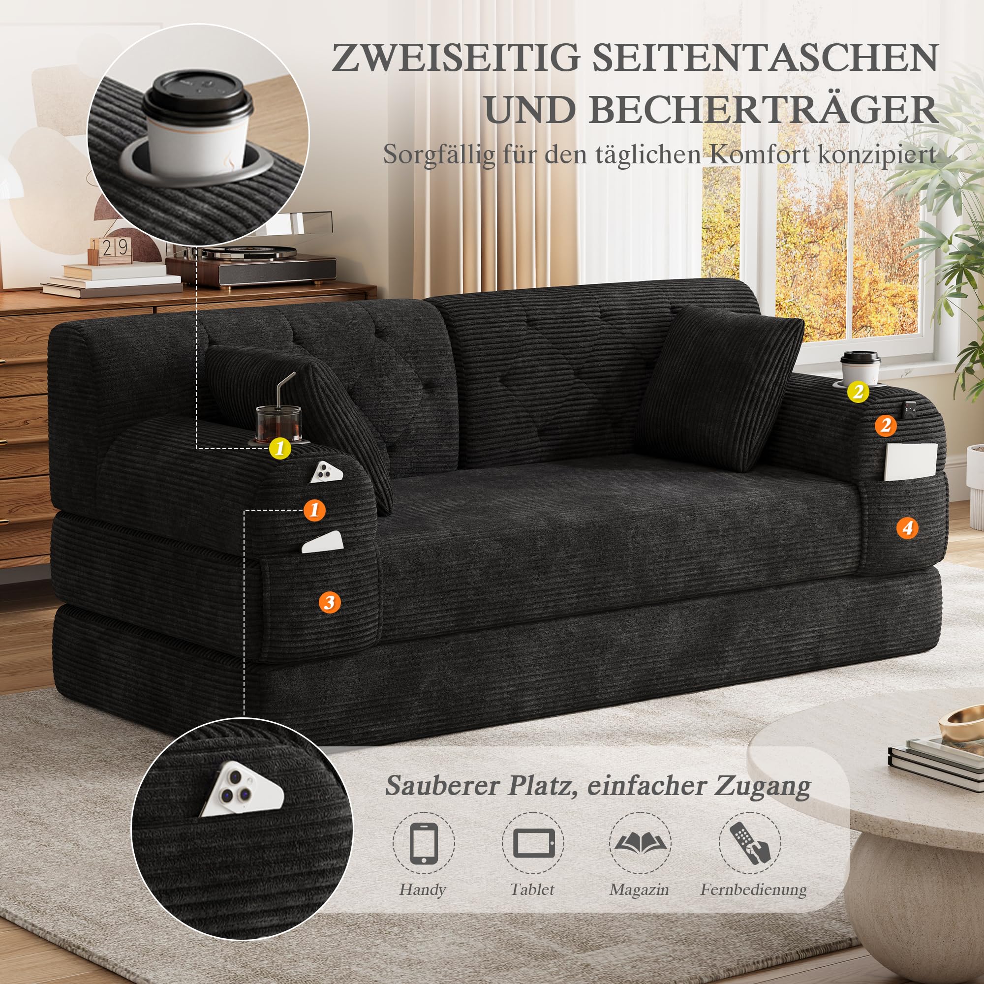 Generisch 2-osobowa sofa z funkcją spania Cord czarna bez montażu do małych pomieszczeń