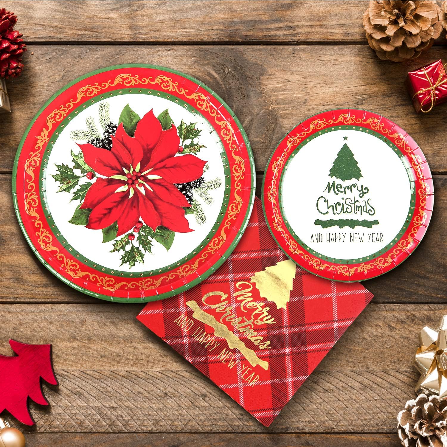 Gatherfun Christmas Party Supplies Poinsettia Flower Disposable Paper Dinner Plates Dessert Plates and Napkins for Merry Christmas Party, Serve 20 (Pack of 2)