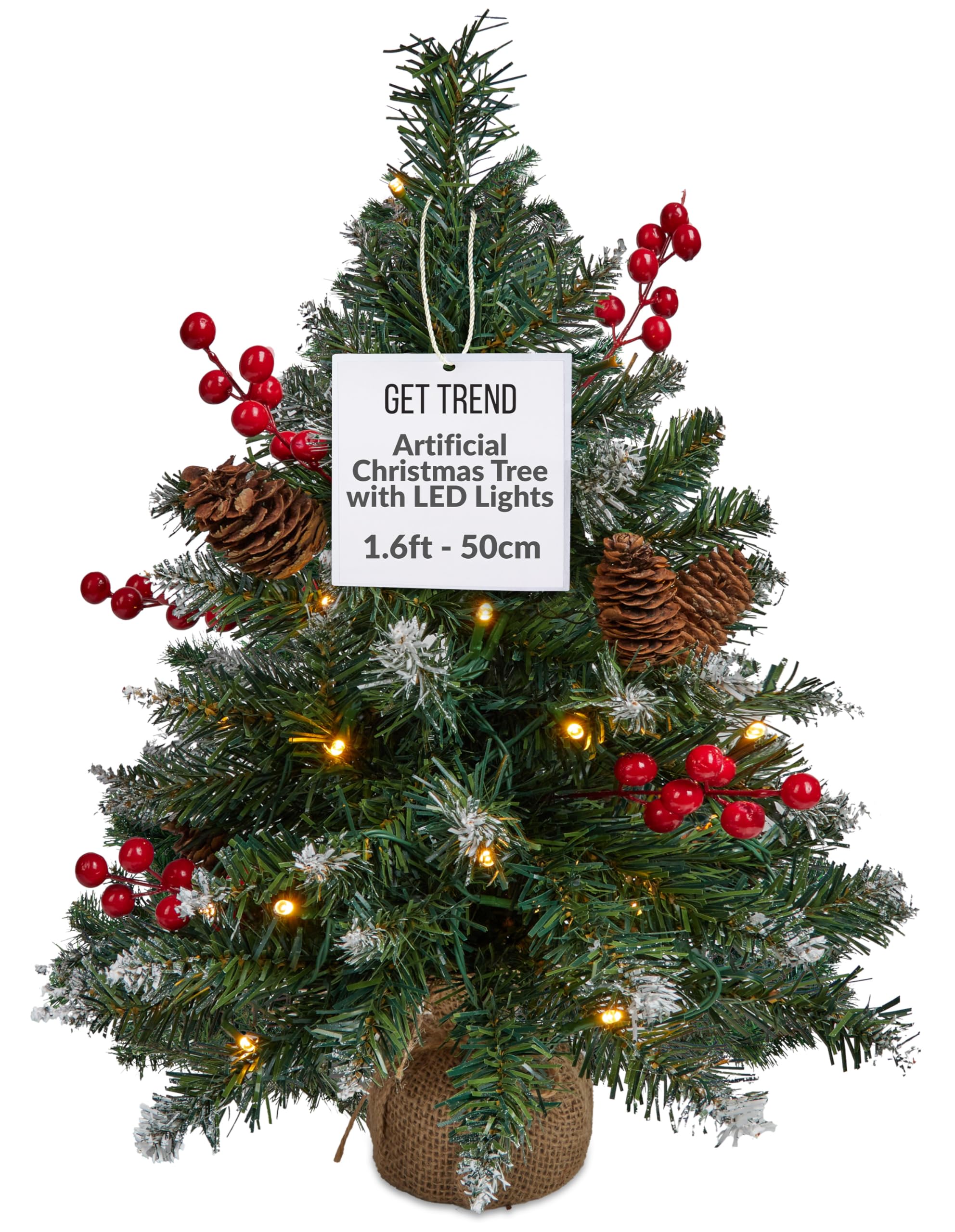Get Trend Christmas Tree with 12 Baubles, 1.67ft Pre-lit Mini Artificial Tree with LED White String Lights Frosted Tips, Tabletop Xmax Gifts (Green)