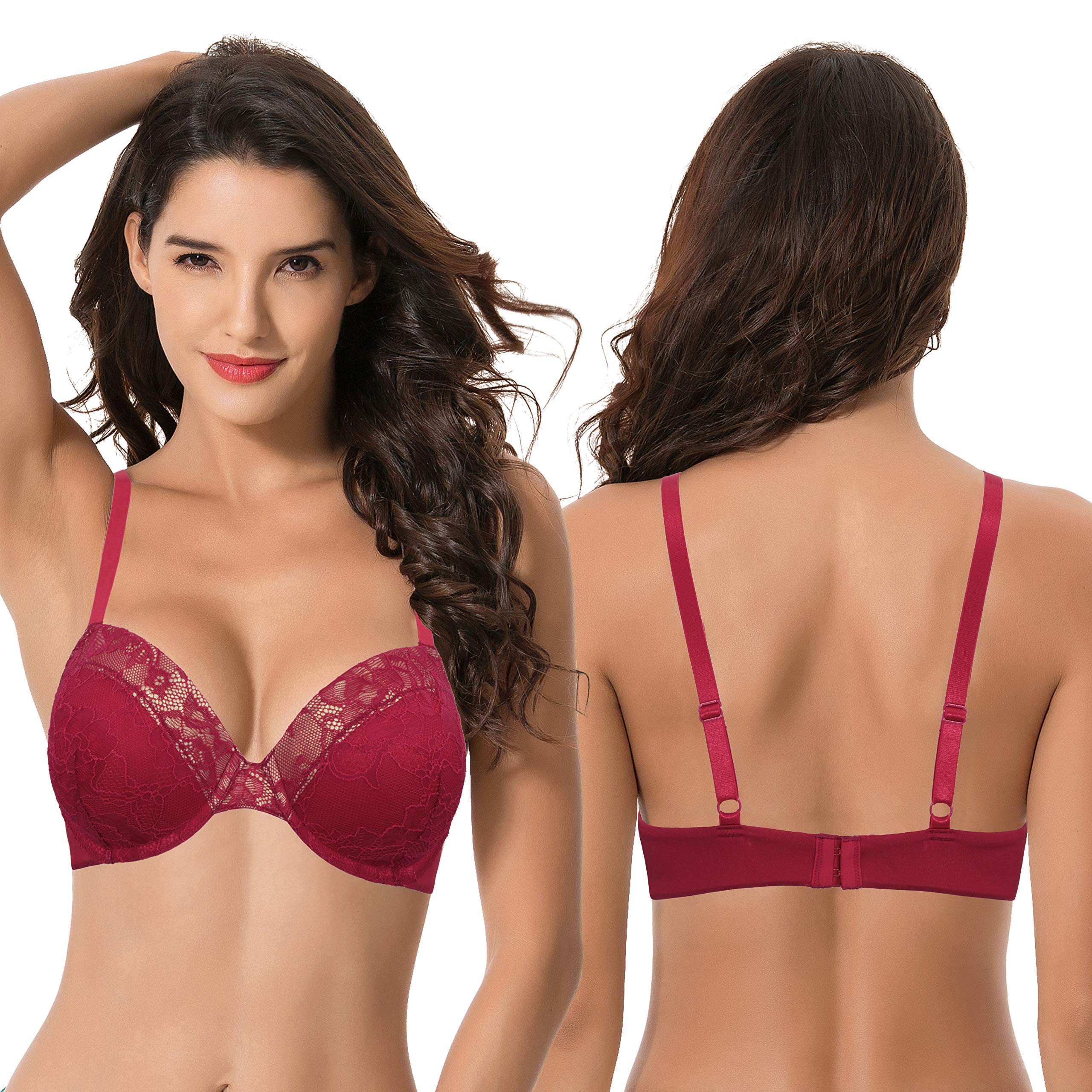 Curve Muse Reggiseni in pizzo push-up con ferretto da donna Plus Size Aggiungi 1 e mezza coppa, Nero, rosso (confezione da 2), 5D