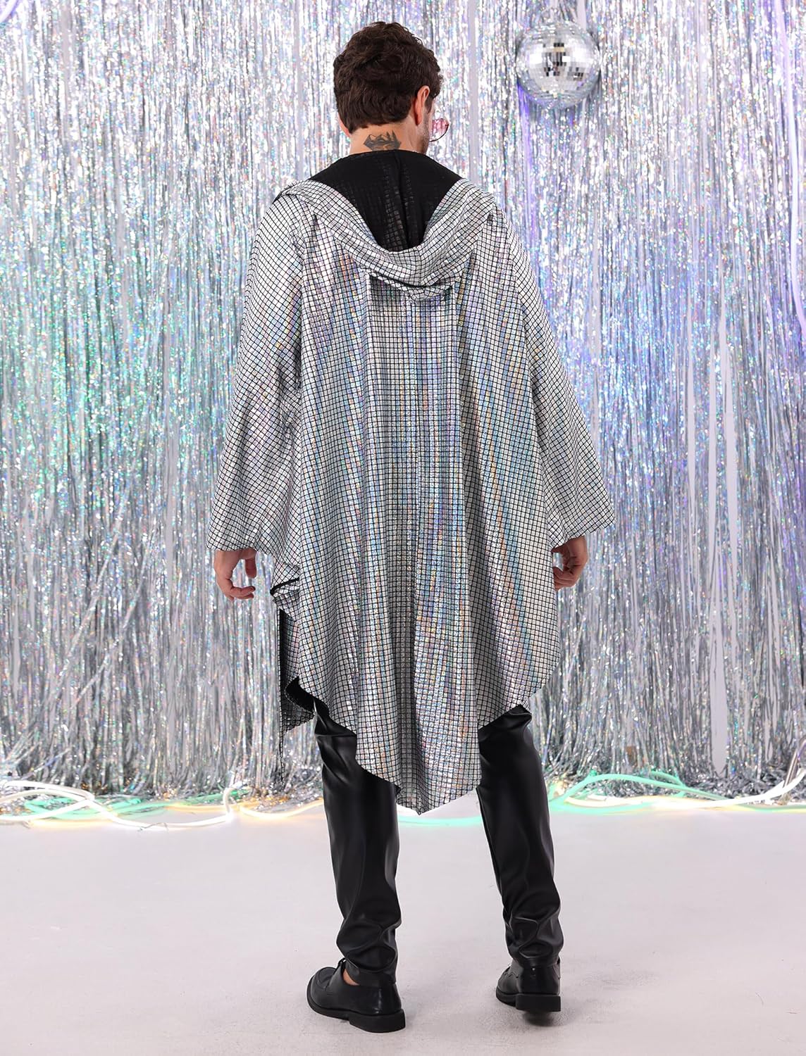 OLEMEK Men's 70s Disco Shiny Batwing Sleeve Hooded Cloak Sequins Metallic Cape Rave Party Nightclub Outerwear - Image 4
