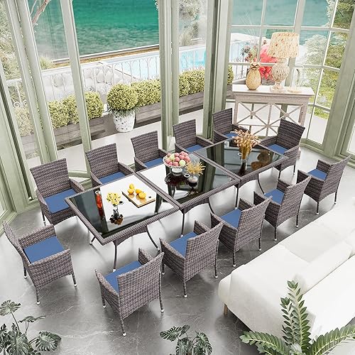 Miniatura 26 de Juego de 10 piezas de comedor para patio al aire libre, mesa de patio y sillas de ratán con agujero para paraguas, juego de mesa de comedor para 8