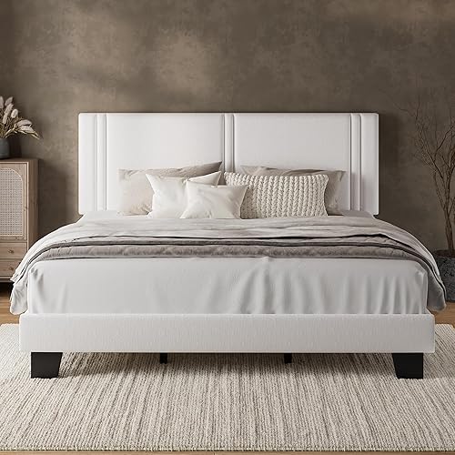 Miniatura 9 de iPormis Base de cama de plataforma Queen con cabecera tapizada de tela y patas gruesas, base de colchón con soporte de listones de madera maciza, no