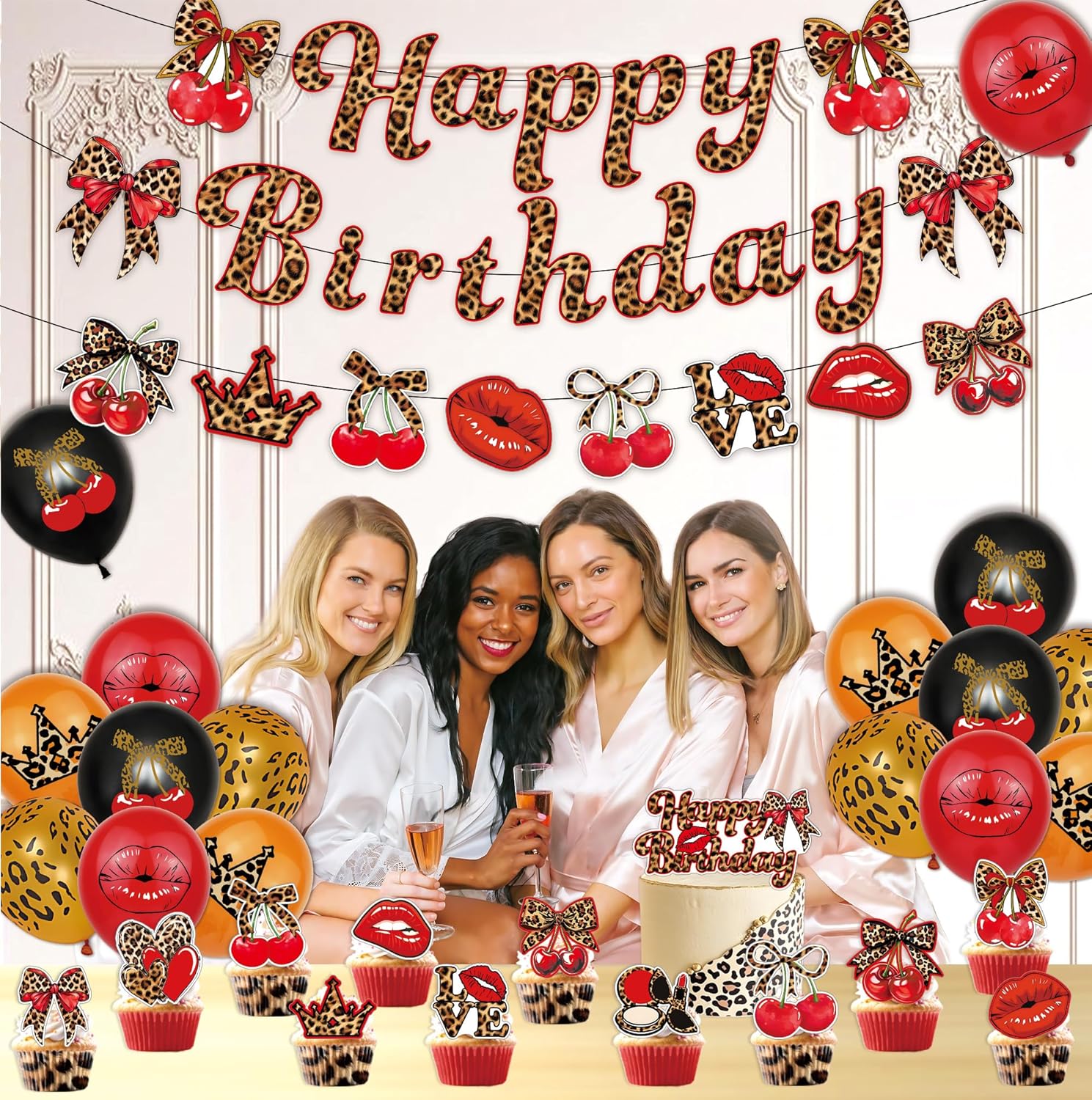 Cheetah Cherry Birthday Party Decoration Set, Happy Birthday Leopard Banner, Lipstick/Crown/Cherry Printed Balloons, Cake Toppers, Themed Party Decor Sulpplies for Girls Women (Cheetah Printed) - Image 7