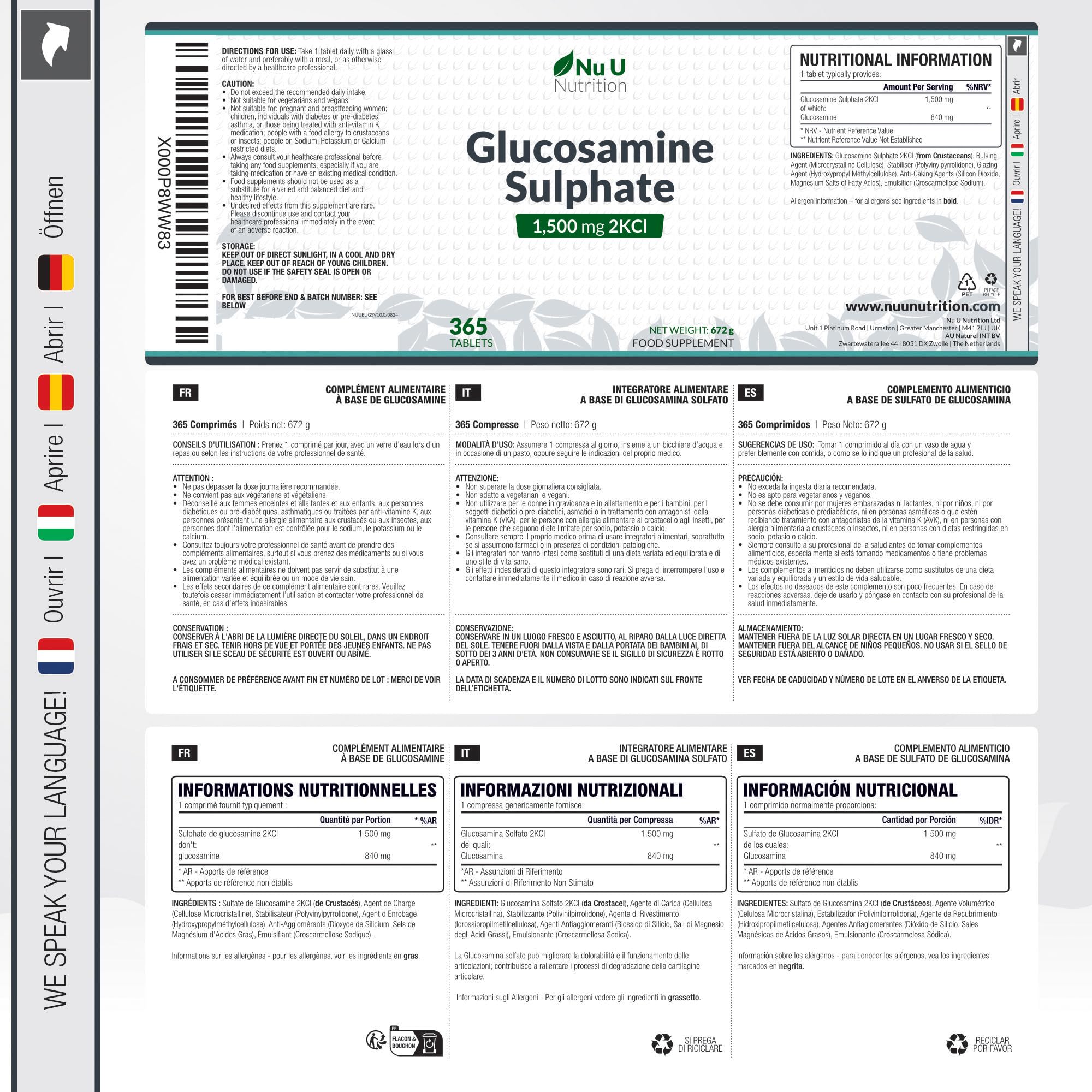 Glucosamina Solfato 1500 mg 2KCl Alto Dosaggio - 365 Compresse non Capsule - 1 Anno di Durata - Integratore per Articolazioni - Prodotto in Europa - Nu U Nutrition