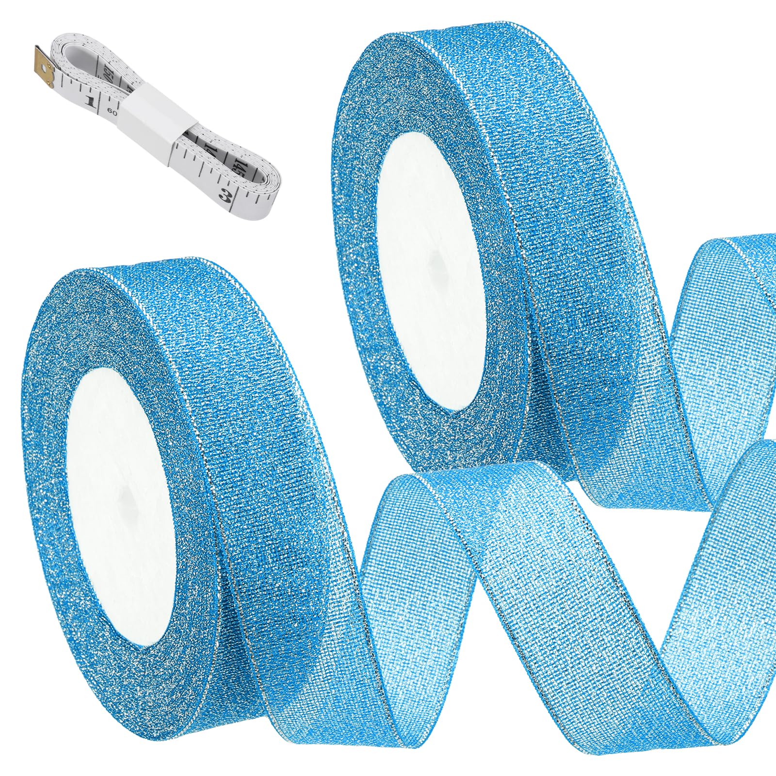 sourcing map 2 Roll Light Blue Glitter Ribbon (22 Meters, 2.5cm Wide) with Silver Thread Sparkly Metallic Fabric Ribbon - Sparkly Practical, for Gift Wrapping Balloons Craft DIY Decor Holiday