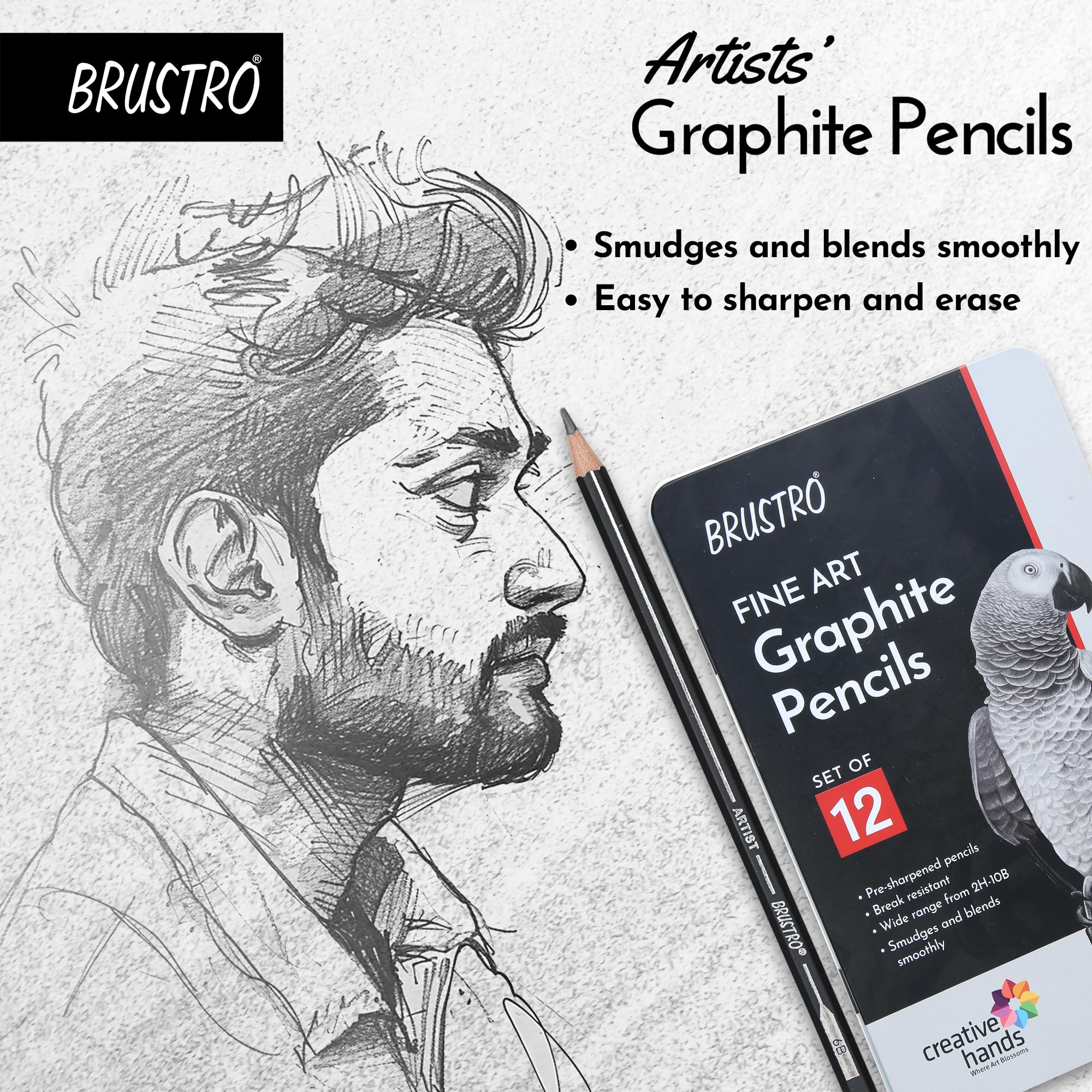 BRUSTRO Artists Fineart Graphite Pencil Set of 12 (10B-2H) with Elegant Tin Box| Pre-Sharpened, Break Resistant, Lightweight, Ideal For Writing, Drawing, Sketching, Illustrations. — Amazon image 8