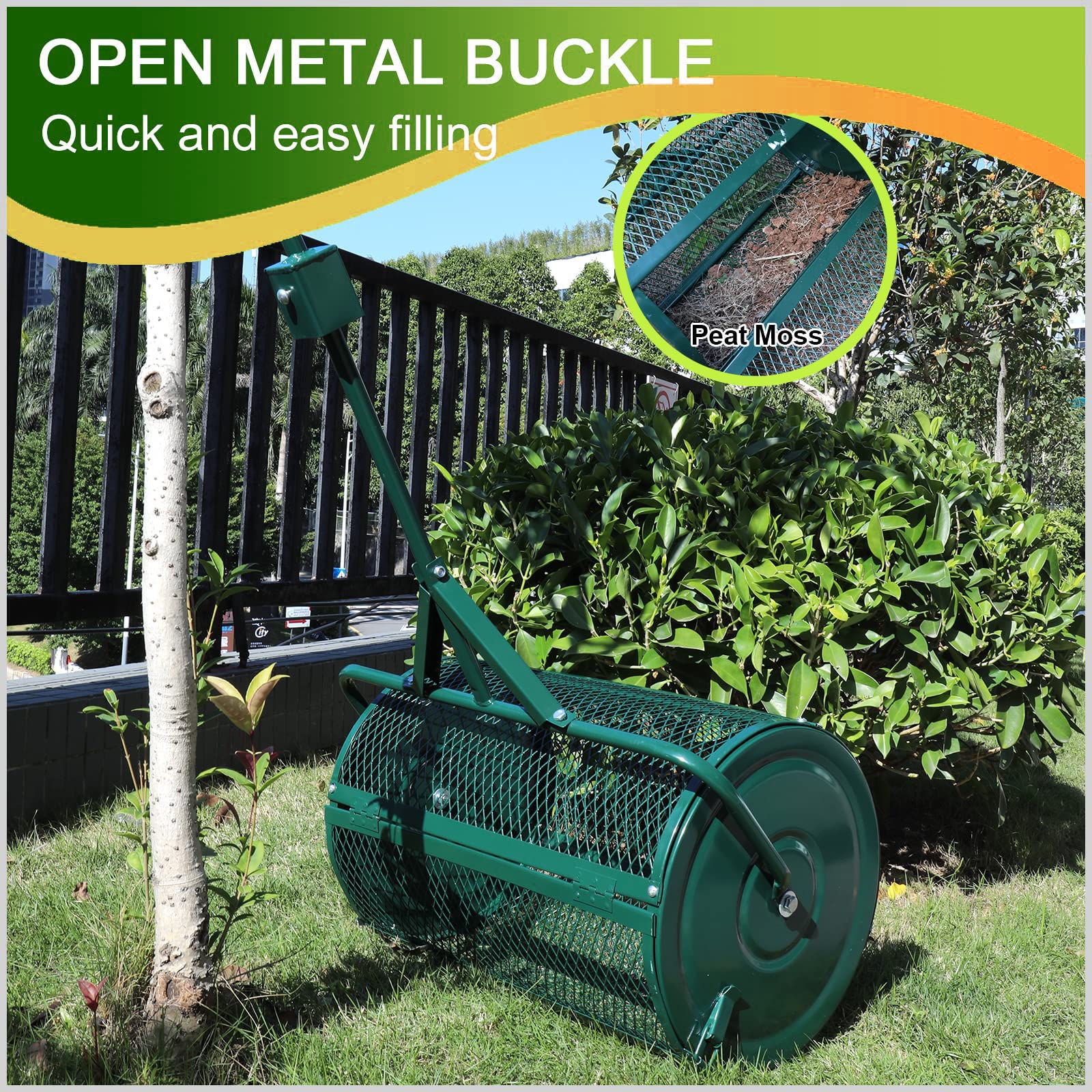 24-Zoll-Kompoststreuer für den Garten, Torfmoosstreuer mit T-förmigem Griff, Streukorb aus Stahlmetallgitter, für Kompost, Torfmoos, Mutterboden, Aussaat, Miststreuerwalze