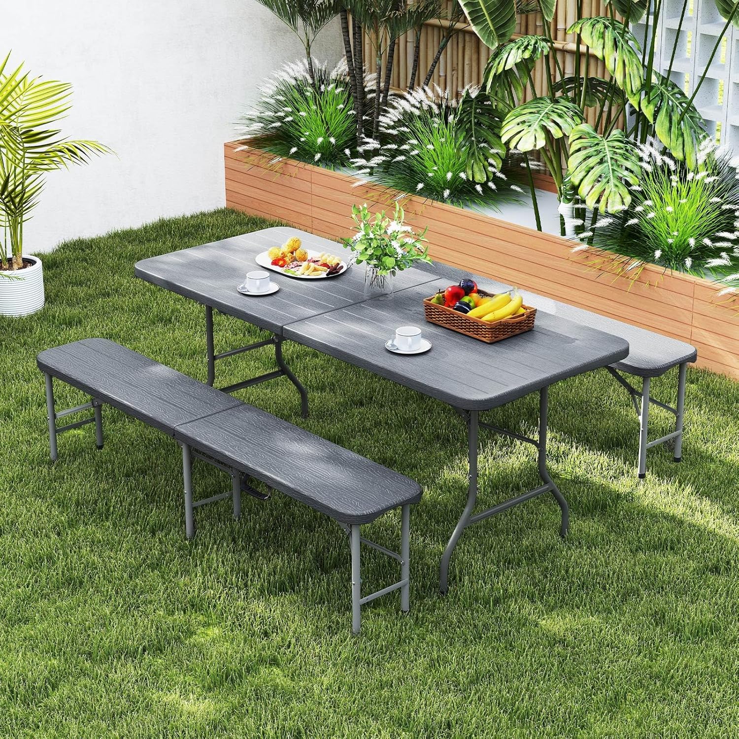 Goplus 6 FT 3-Piece Portable Picnic Table Bench Set, HDPE Wood-Like Plastic Folding Picnic Tables with Benches, Foldable Patio Camping Beer Table, Indoor & Outdoor Folding Table and Chairs