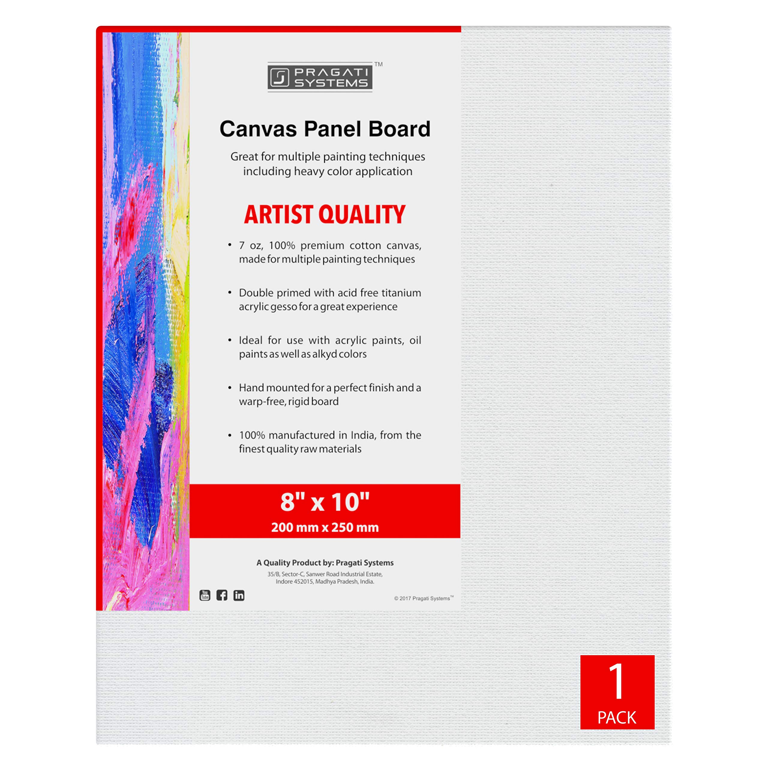 Pragati Systems® Medium Grain 08x10 Inch 7 Oz. Primed Canvas Board for Painting CP0810, White (Pack of 1)