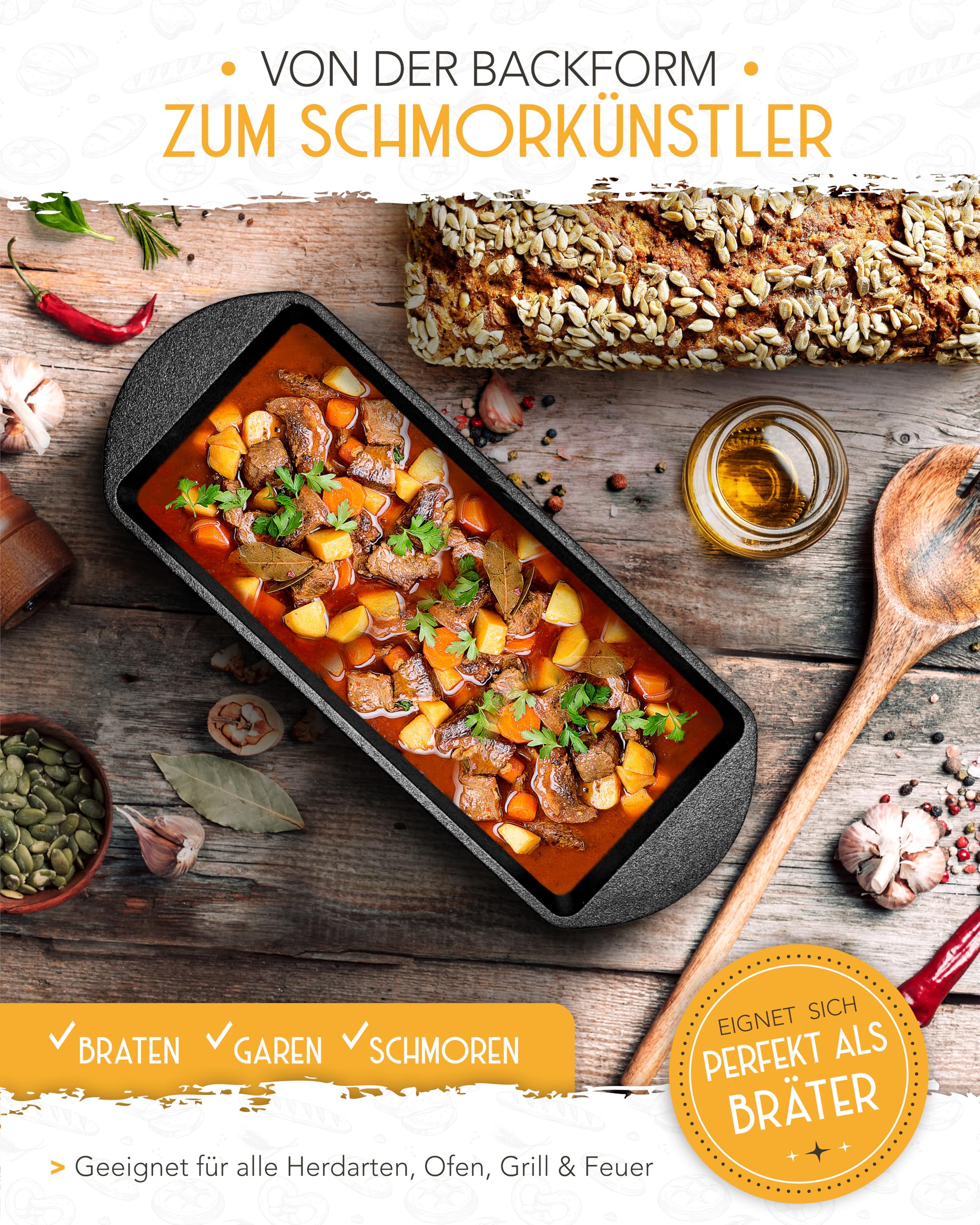 KRUSTENZAUBER Gusseisen Brotbackform mit Deckel - Robuste rechteckige 28cm Backform - Ideal als Kastenform, Toastbrot-Backform, Brotform, Gusseisen-Topf Brot backen Zubehör, Brottopf, cast iron