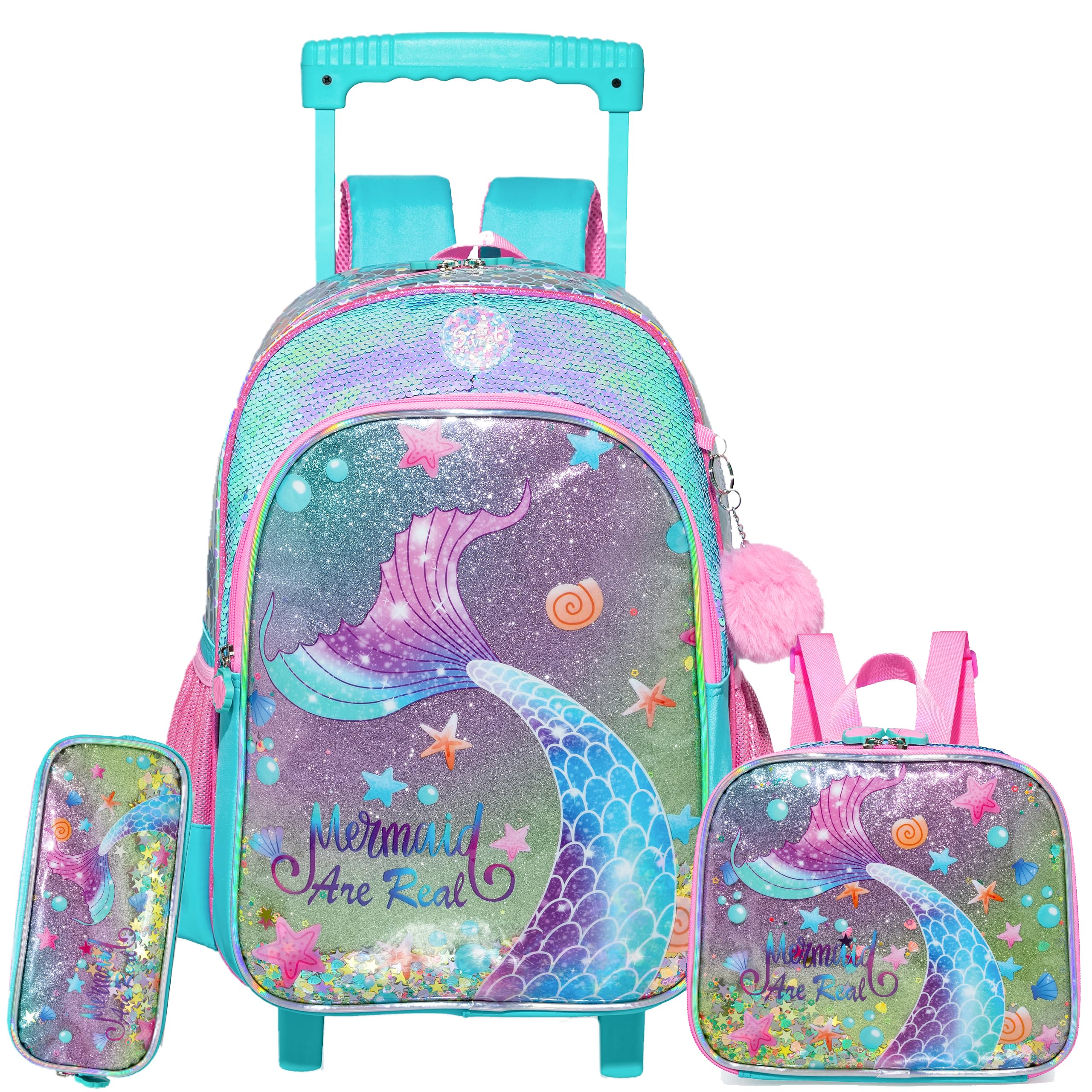 HTgroce Trolley Rucksack Mit Rollen, Federmäppchen, LunchTasche 3 in 1 Leicht Rolling Schulranzen für Mädchen, Schultaschen Trolley Sets