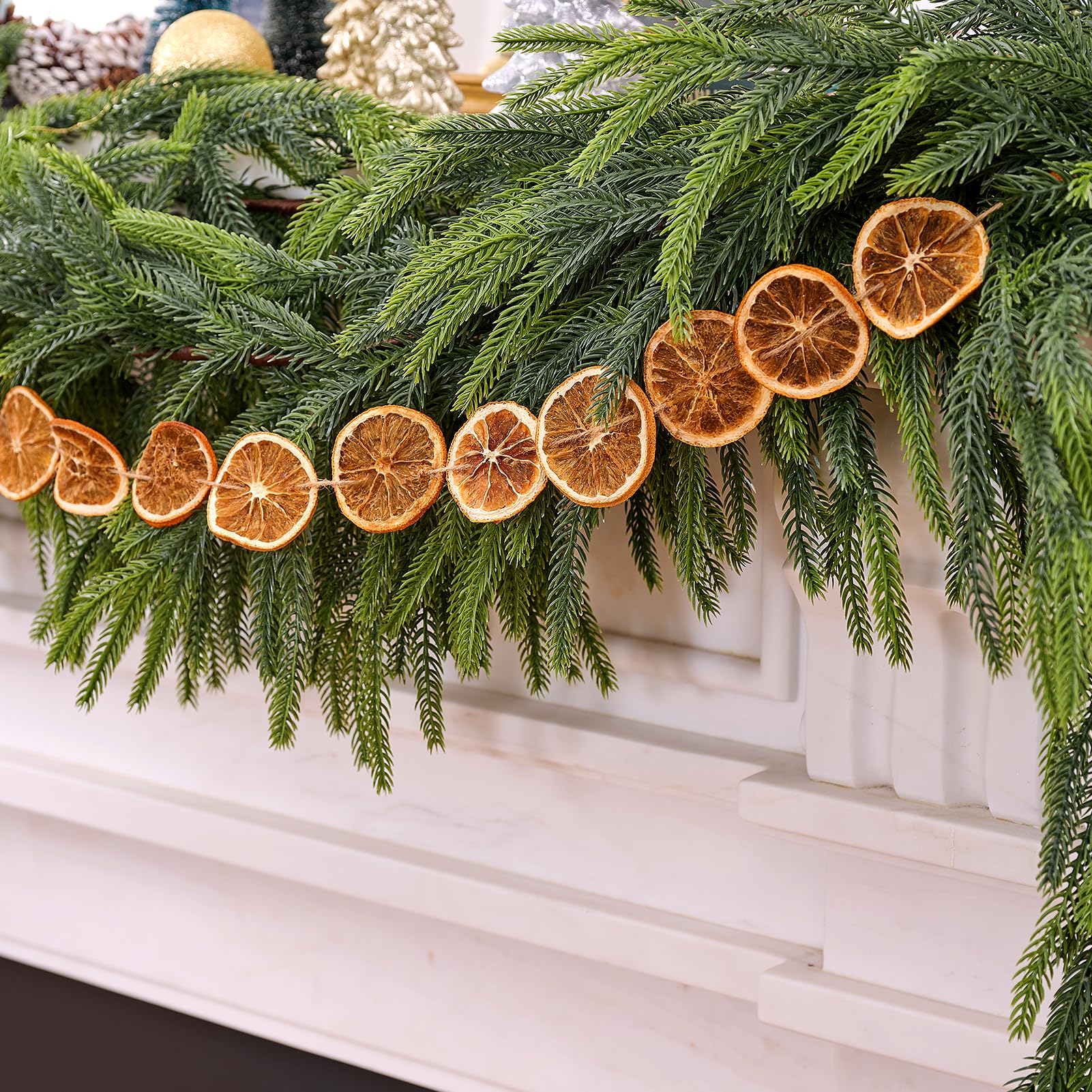 6FT Norfolk Pine Garland with 6FT Orange Slice Garland Set,Realistic Artificial Greenery Seasonal Garlands,Christmas Faux Gradient Garlands for Mantle Holiday Indoor Outdoor Fireplace Xmas Decor