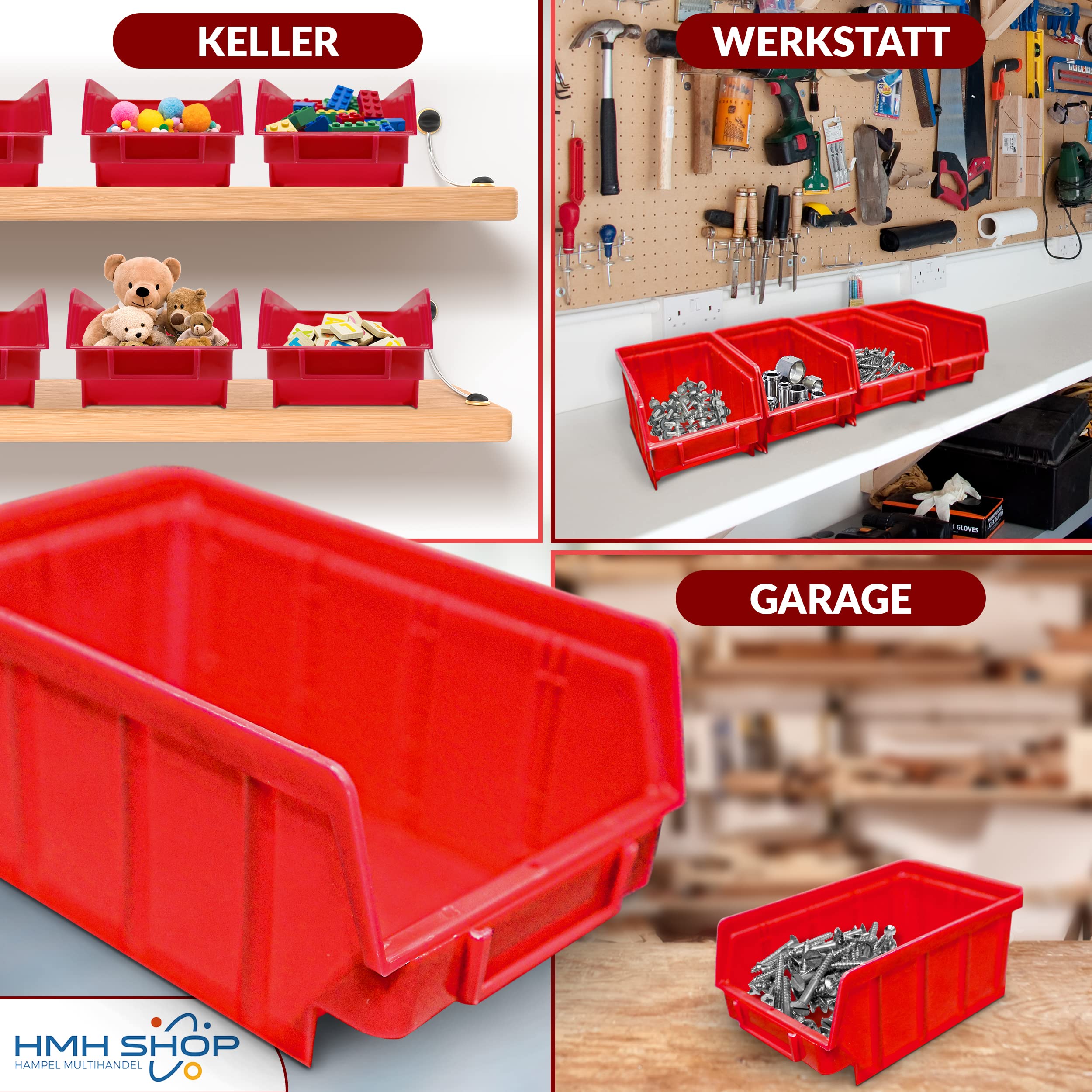 HMH 40x Stapelboxen Rot Größe 2 + 8 Wandschienen Werkstatt Garage Sichtlagerboxen (LxBxH) 175x103x76mm Wandbefestigung Lagerboxen rote Sichtlagerkästen Stapelbox PP, HMH-3183-80+1201-8