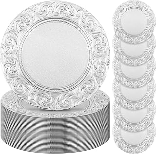 Zhehao 50 Pcs Antique Charger Plates Bulk 13 Inch Embossed Rim Plastic Decorative Round for Dinner Wedding Party Event Table Setting Decoration(Silver White)