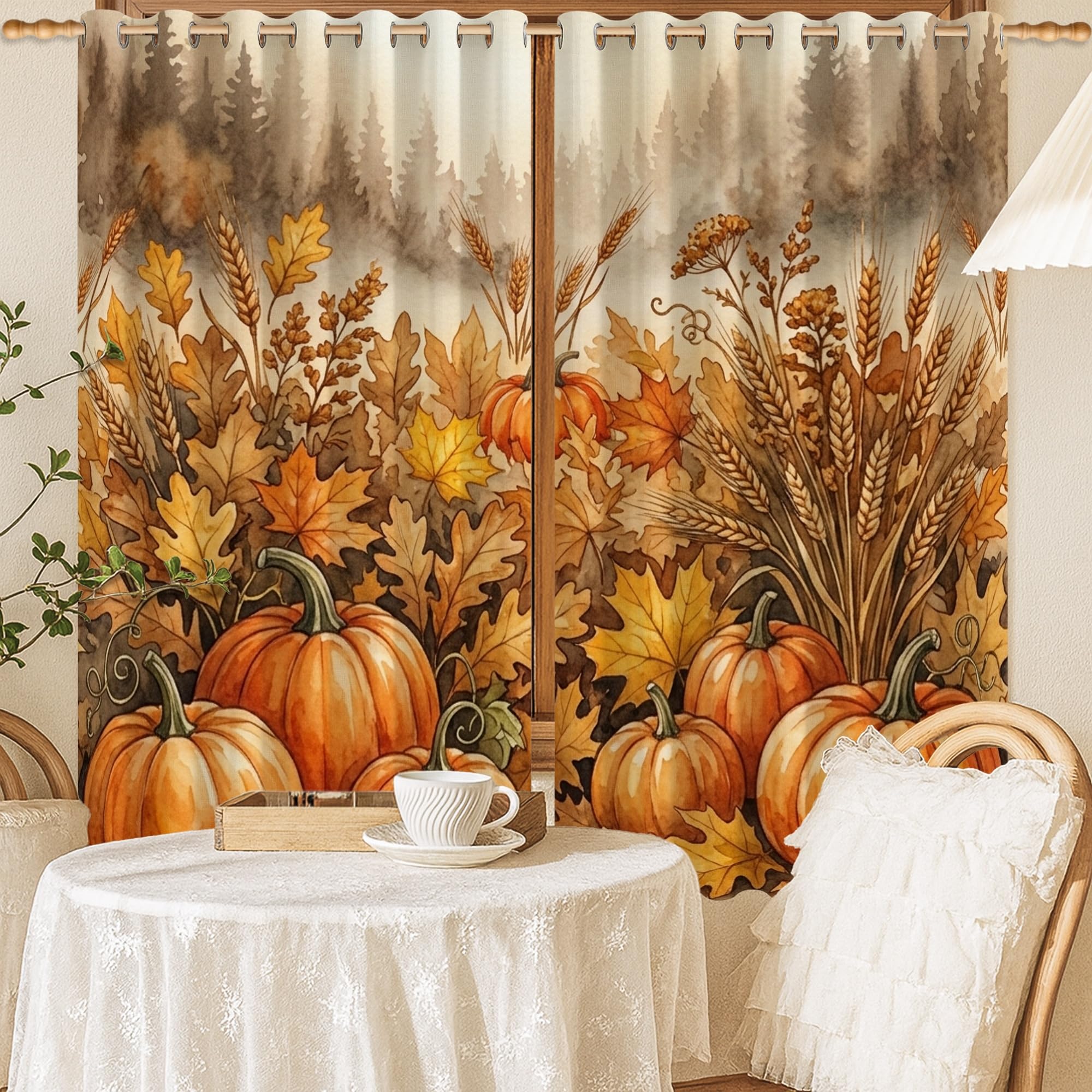 Rideaux occultants cuisine et salon décor orange automne feuilles de blé