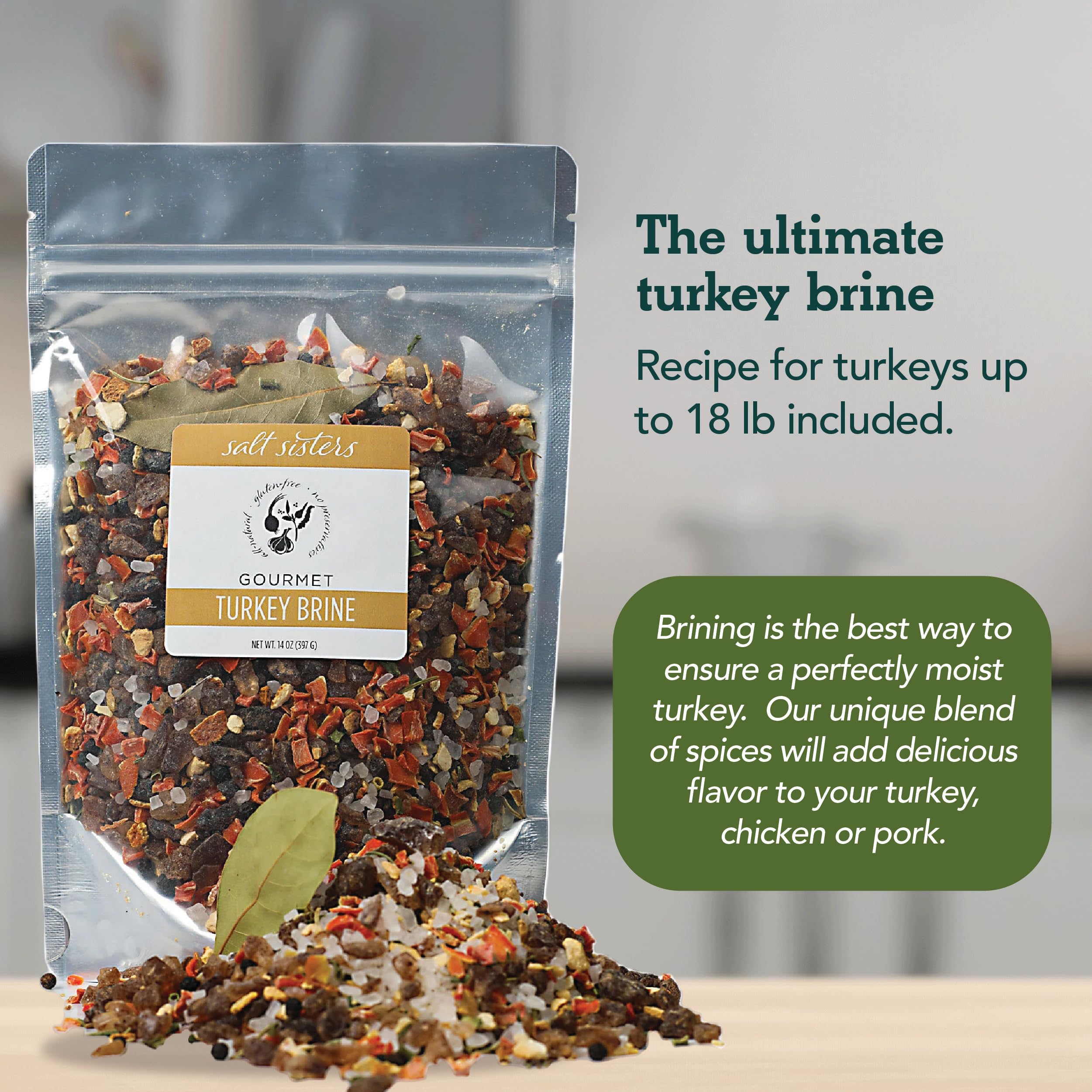 s.a.l.t. sisters All Purpose Brine | All-Natural, Gluten Free, Non-GMO | Flavor Up to 18 lb of Turkey, Chicken, or Pork | Resealable Pouch, Roasting Bag Sold Separately | 10 oz.