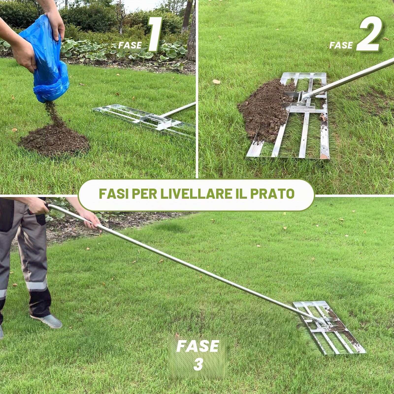 Rastrello livellatore per prato, 28 x 25,4 cm, resistente, manico in acciaio inox, cortile, giardino, campo da golf, facile da usare