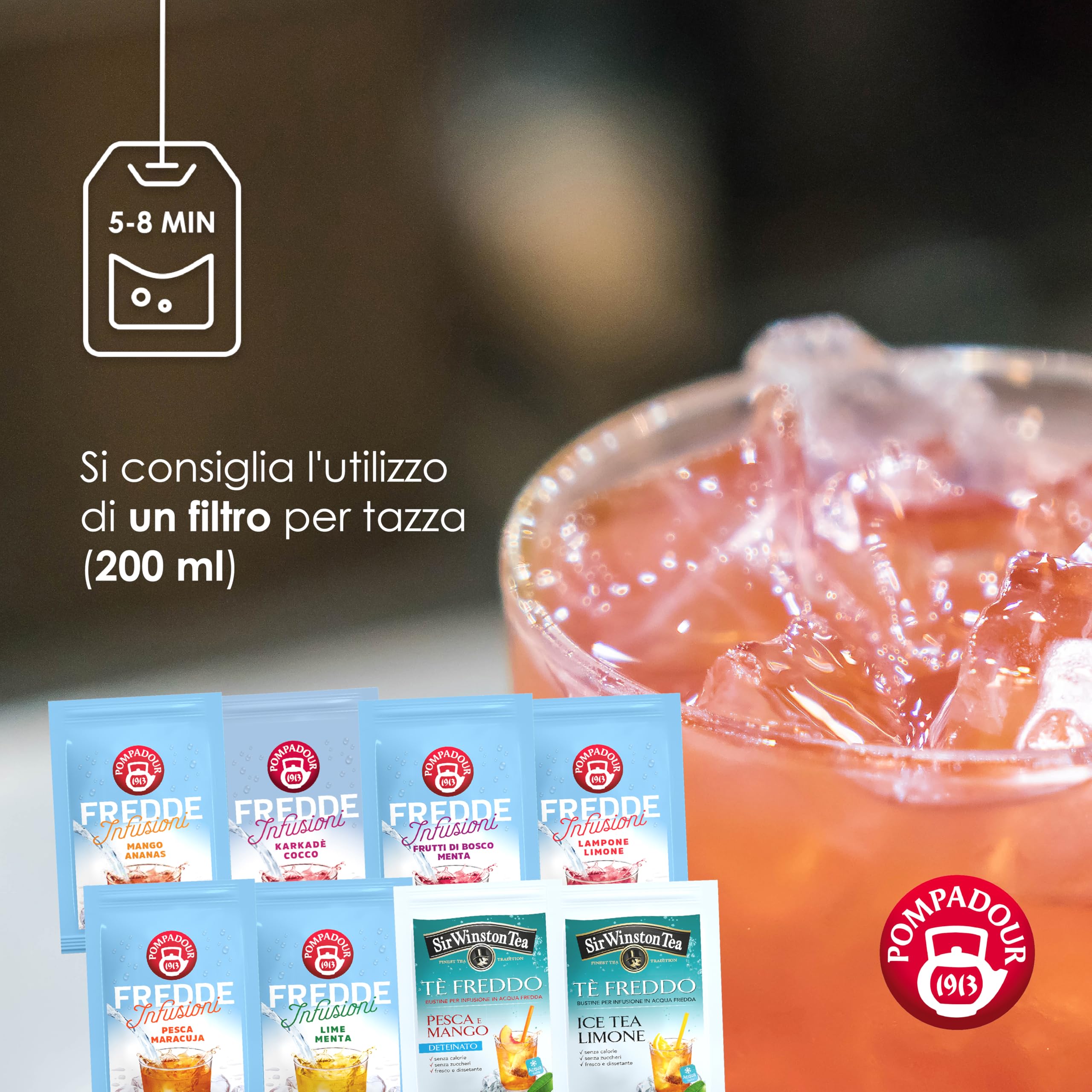 Pompadour, Box Infusi e Tè Freddi 15 Bustine x 8, Karkadè Cocco, Lime Menta, Lampone Limone, Pesca Maracuja, Frutti di Bosco e Menta, Mango Ananas, Ice Tea Limone, Ice Tea Pesca Mango