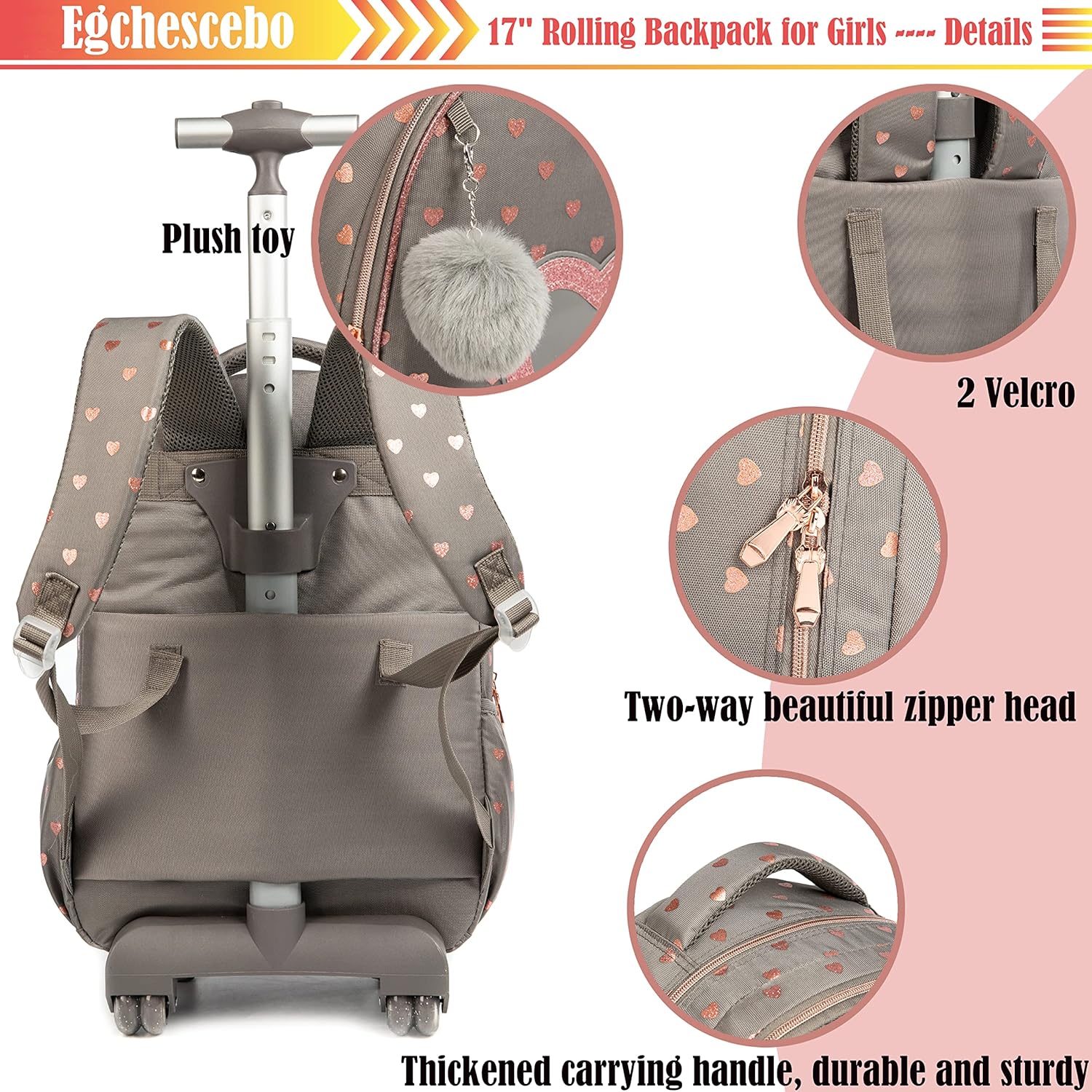 Egchescebo School Bags Kids Rolling Backpack for Girls Kids Luggage Suitcase With Wheels - Image 4