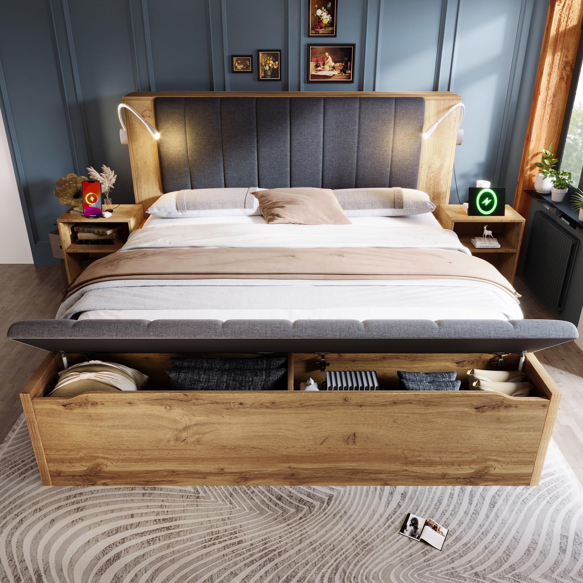 Letto matrimoniale 160x200 con testiera ribaltabile rivestita in tessuto di lino, Letto Industrial con 2 comodini e panca con contenitore, lampade da lettura con USB, Legno Rovere (Senza Materasso)