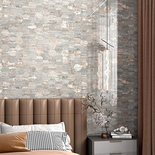 Miniatura 6 de LACHEERY Papel tapiz de hormigón gris removible para paredes, papel de contacto extraíble para paredes, papel tapiz geométrico hexagonal de color