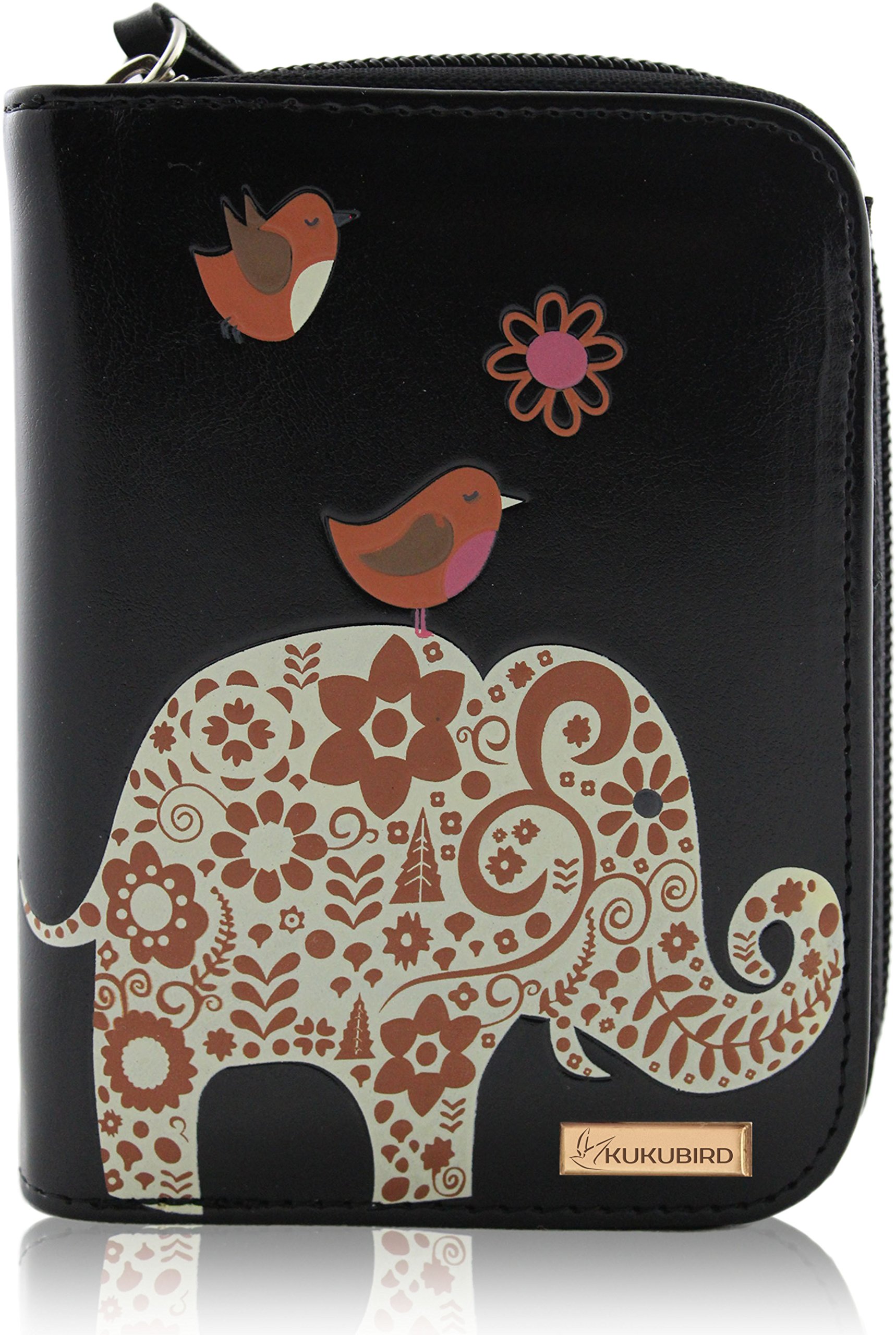 kukubird RF13DELE Elephant & Two Nightjars MEDIUM Size Ladies Purse Clutch Wallet BLACK