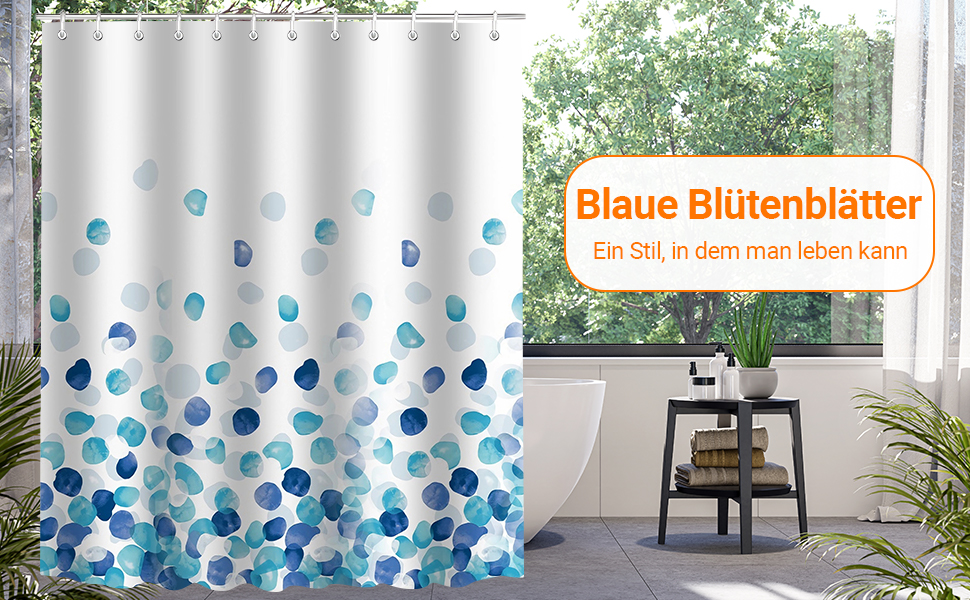 Duschvorhang Wasserdicht Polyester, Blau-Weiß Mosaik Muster, 300x200 Cm, Inkl. 12 Haken, Schimmelresistent & Gewichtet