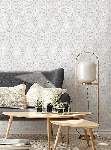 Miniatura 4 de Simple Shapes Papel tapiz pequeño de mármol hexagonal, despegar y pegar (paquete de 6 hojas, 2 pies x 9 pies, cobre dorado)