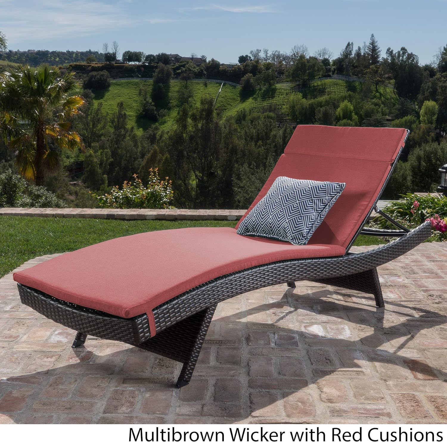 Christopher Knight Home Salem Outdoor Wicker Adjustable Chaise Lounge with Cushions, Multibrown And Red