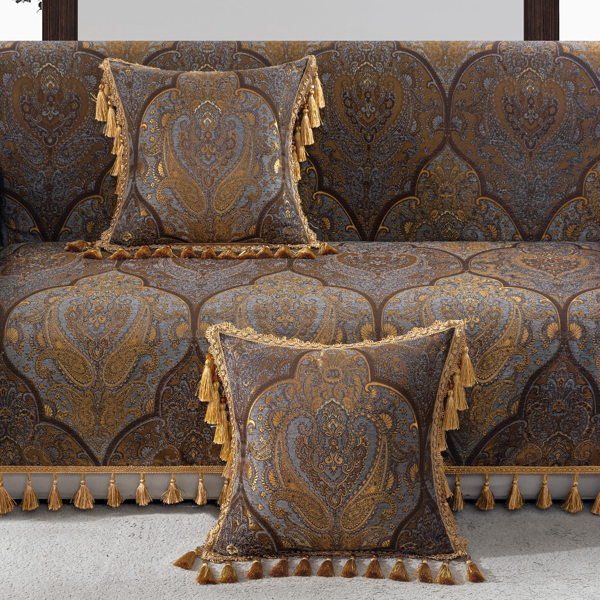 Loom and Mill 1 x luxuriöser Zierkissenbezug mit Quasten, Jacquard-Damast-Kissenbezüge für Wohnzimmer, Schlafzimmer, Sofa, Couch, Stuhl, 50,8 x 50,8 cm, Bronze-Gold