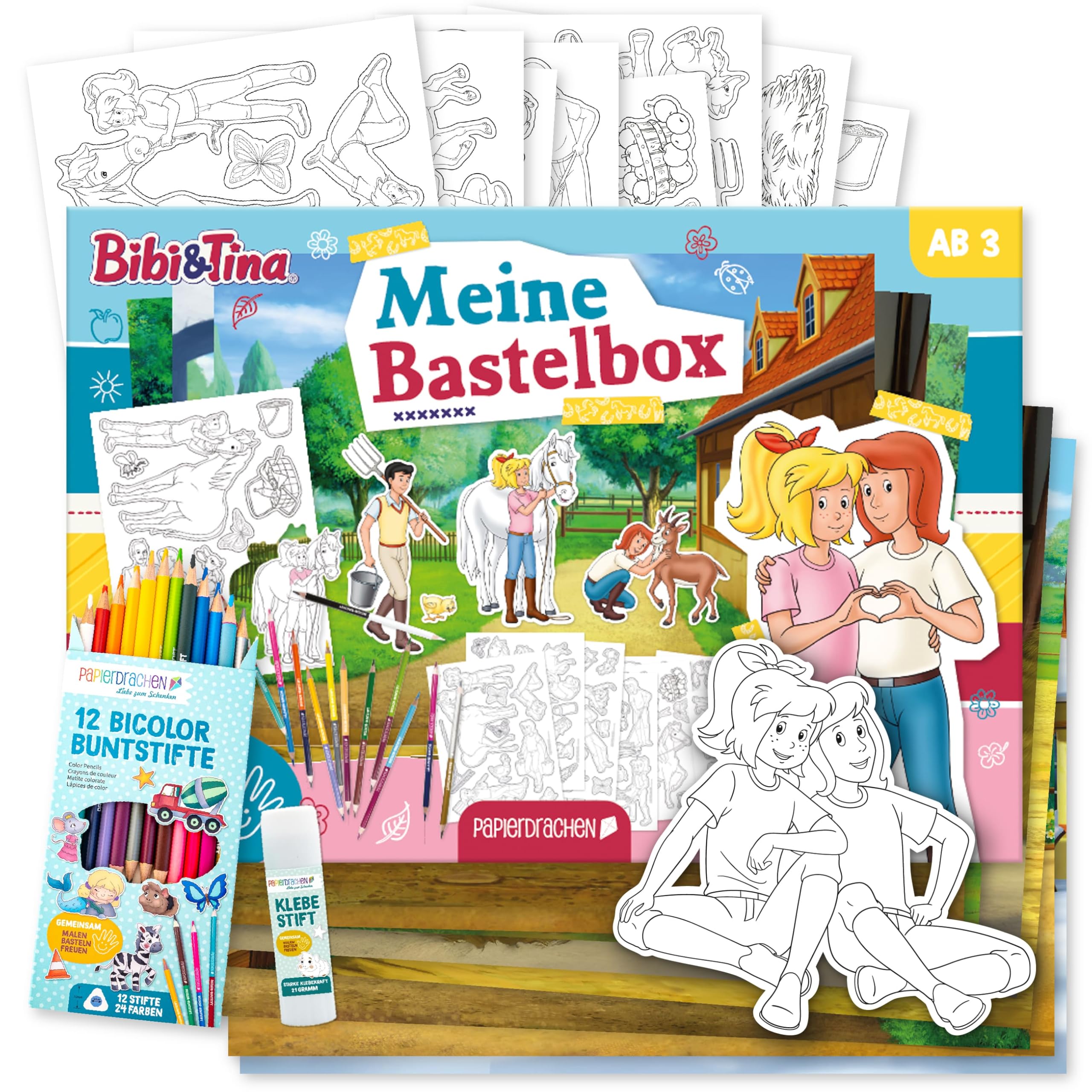 Papierdrachen Bastelbox Tiere unserer Welt – Komplett-Set -inkl. Stanzbögen u. Hintergründen – 12 Bicolor-Farbstifte - Klebestift - Aufbewahrungsbox - kreatives Lernen