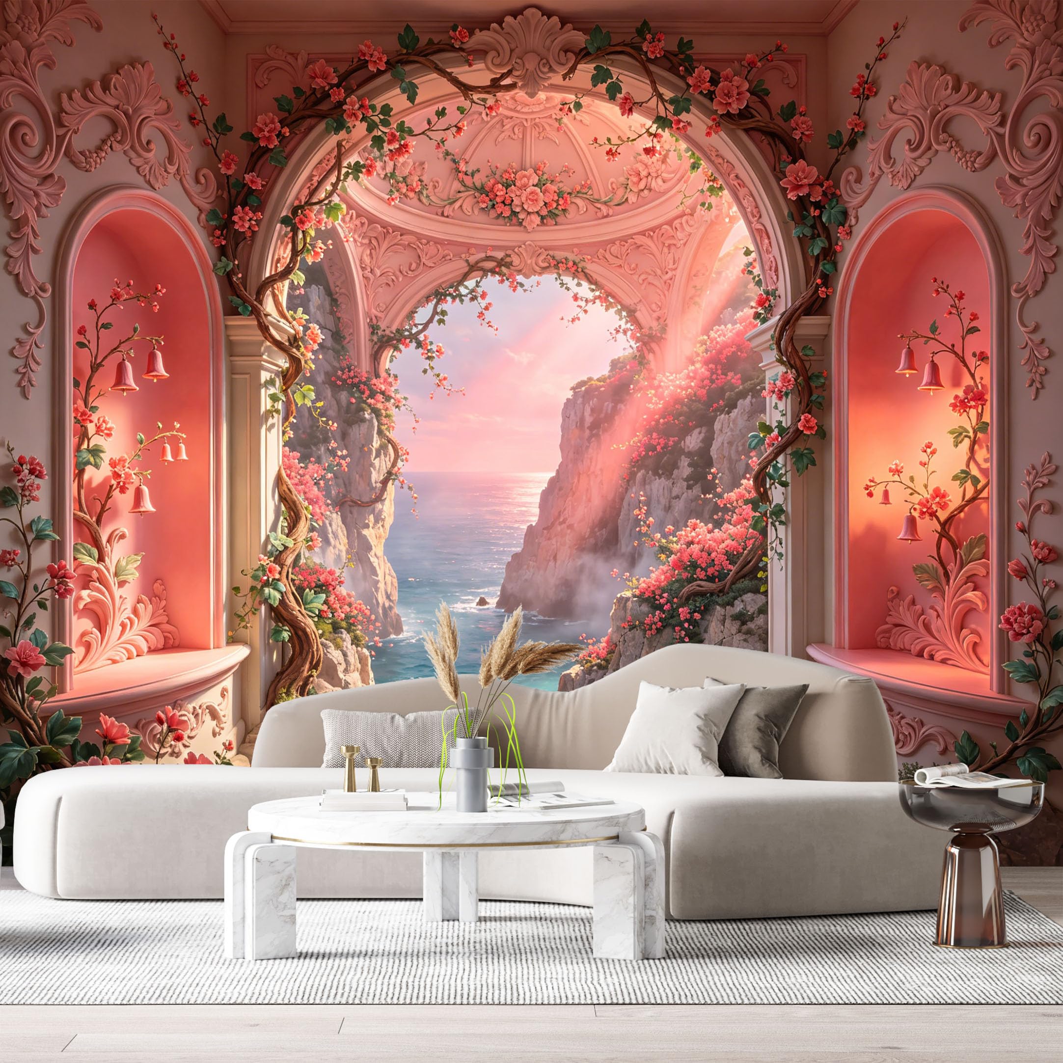 Custom Size Wall Murals Fantasy Coastal Archway Pink Sunset Oil Painting 3D Trompe L'Oeil SelfAdhesiveWall Fabric Removable Wallpaper Wall Decor for Living Room Bedroom Bathroom