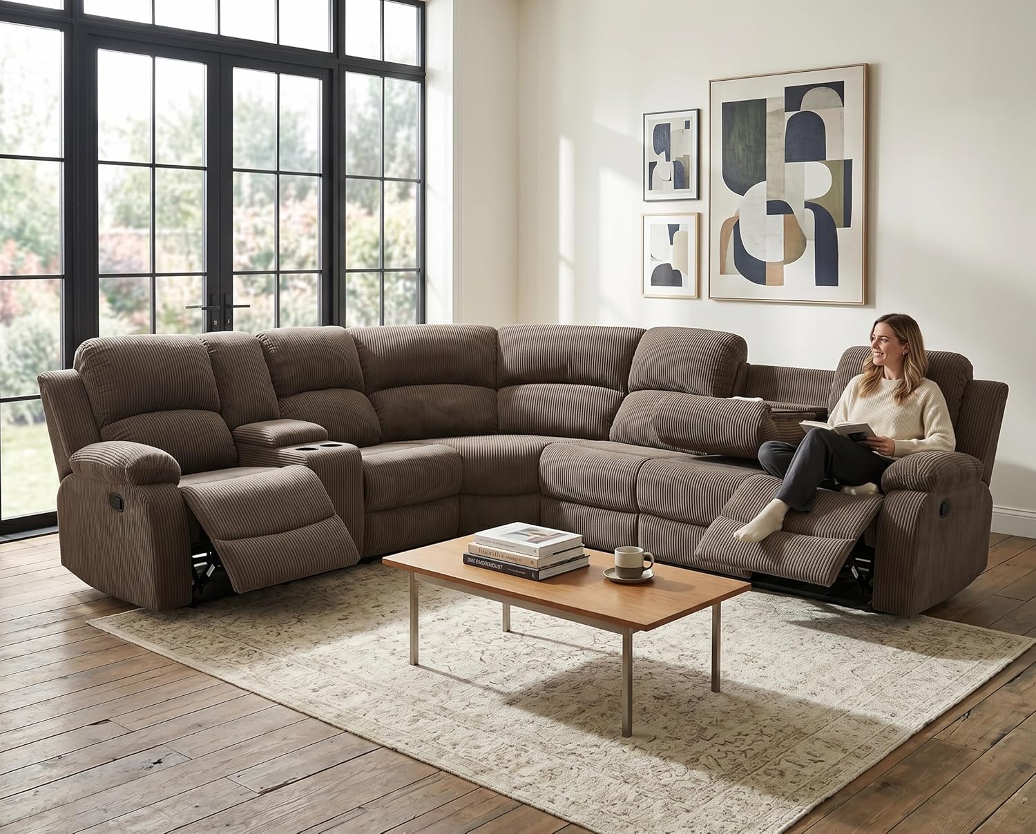 Manual Recliner Sectional Sofa Set, Corduroy L Shaped Living Room Furniture Sets, Reclining Corner Couch Set with Drop-Down Table/Storage Console/Cup Holders for Home Office (Peanut, Sectional)