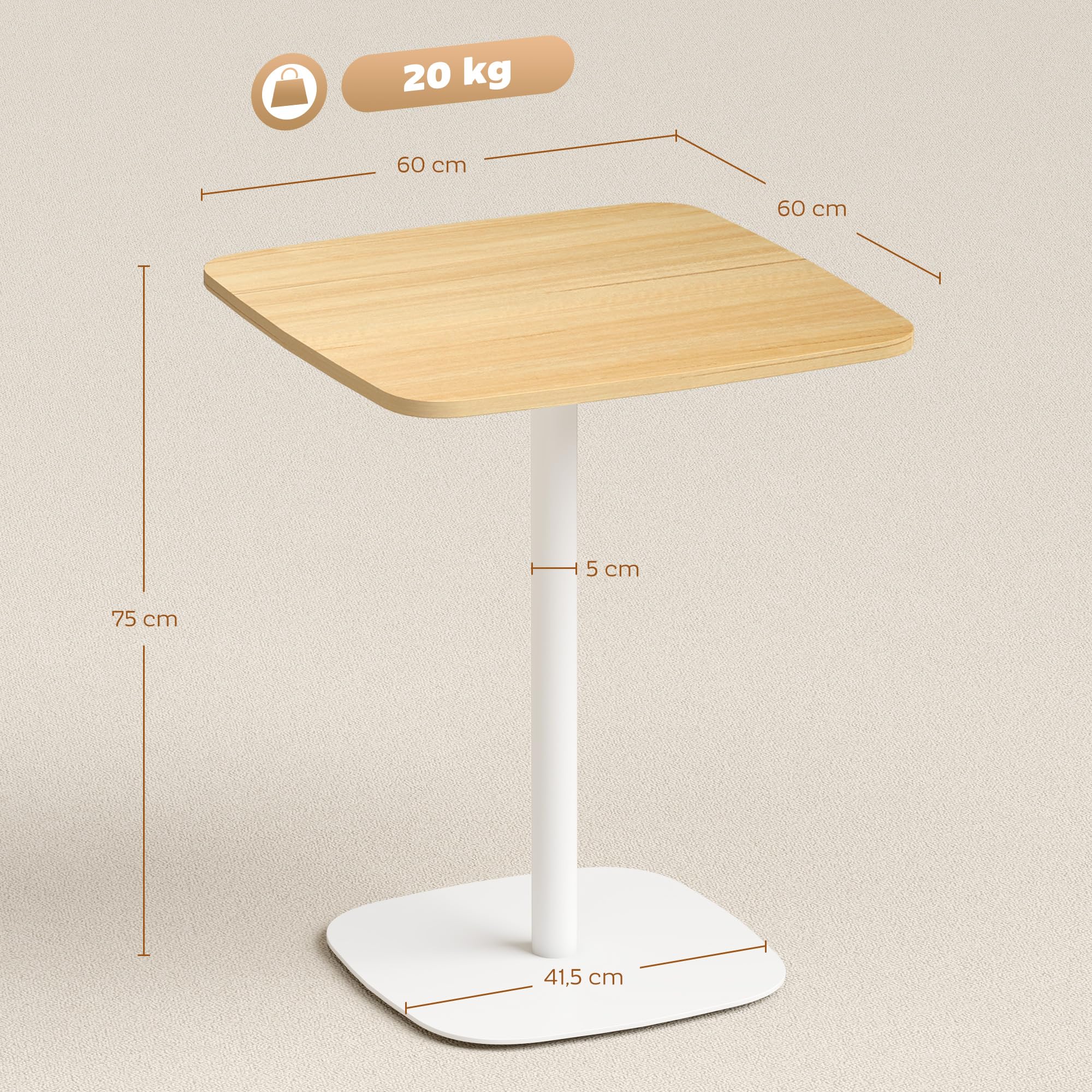 HOMCOM Mesa de Comedor Pequeña para 2 60x60x75cm Madera Natural y Blanco | Mesa de Cocina Cuadrada para 2 Personas, Base Cuadrada de Acero, para Espacios Pequeños, Salón