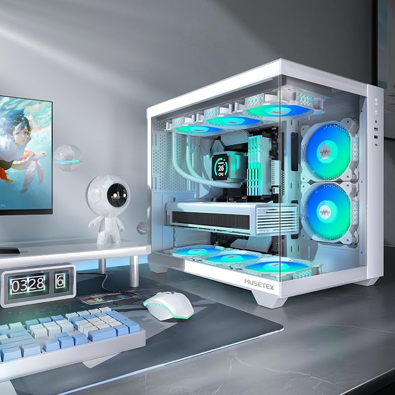 MUSETEX Y6 ATX Gamer Ház 360mm, 6 ARGB Ventilátor, Üveg Oldal, Type-C, Fehér