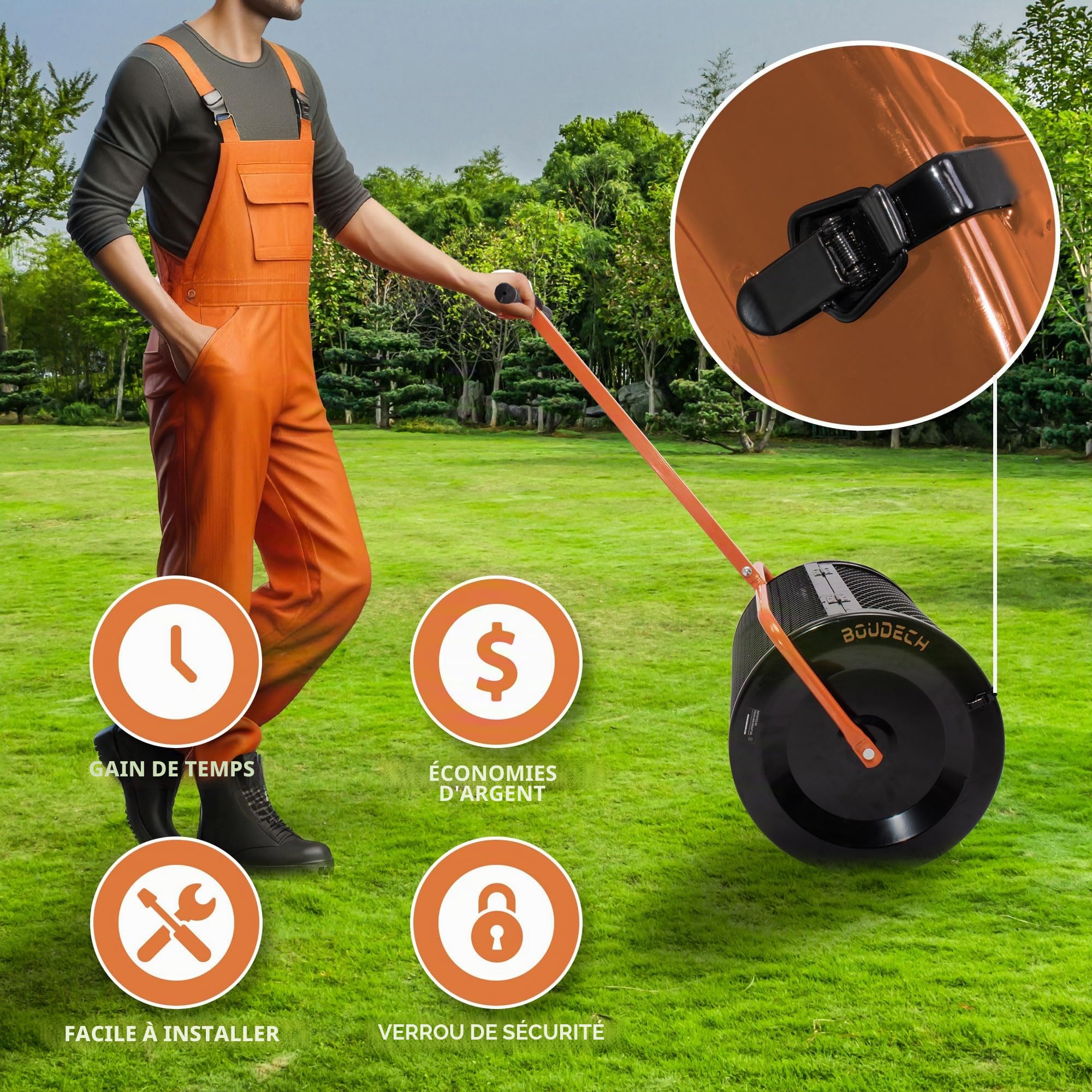 BOUDECH Spreader - Épandeur à rouleau de jardin, 60 x 107 x 39,5 cm, pour engrais et semis, cage en métal, orange