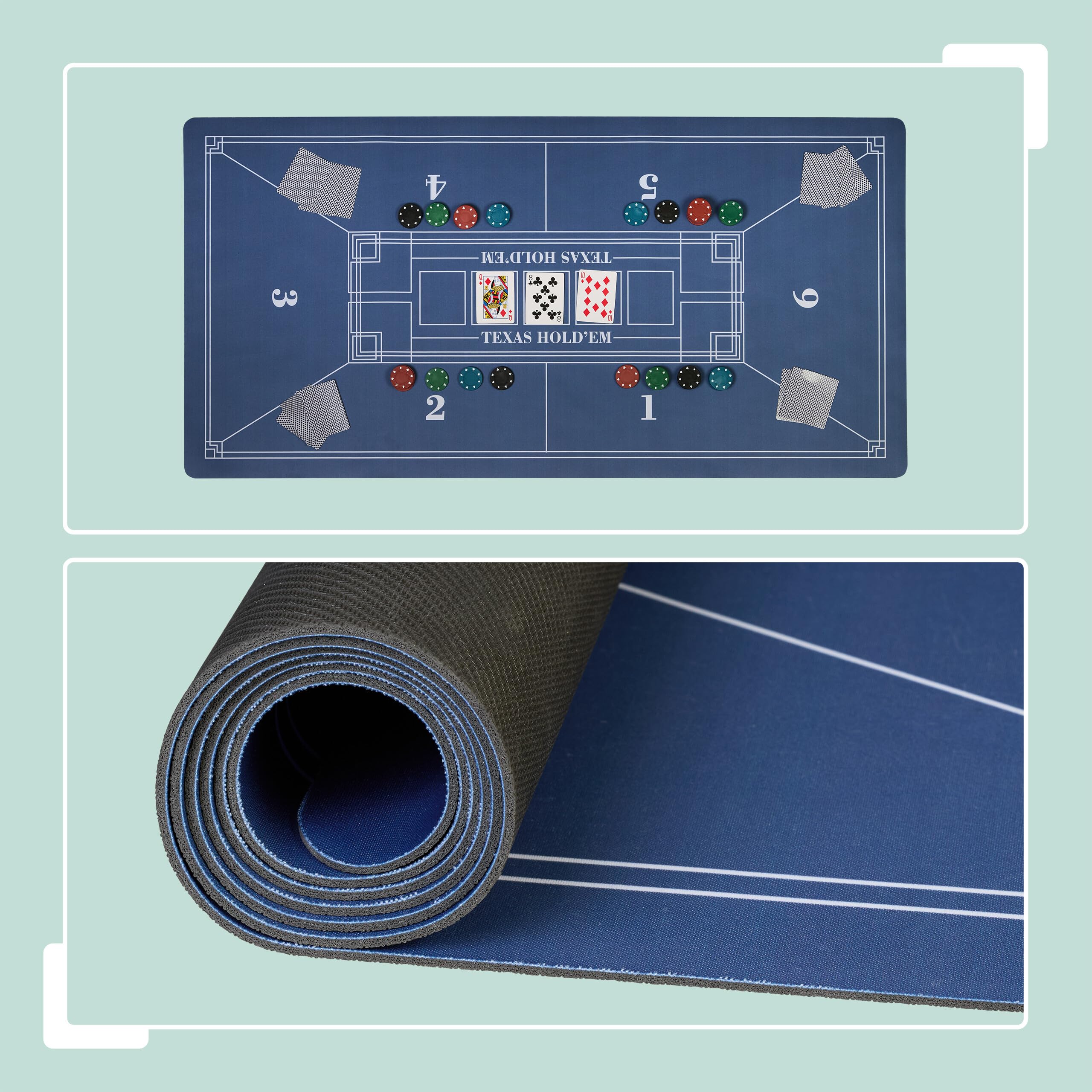 Relaxdays Tapete Póquer, 120 x 60 cm, Mantel Poker Texas Hold'em, Alfombrilla Antideslizante, Bolsa, 6 Jugadores, Azul